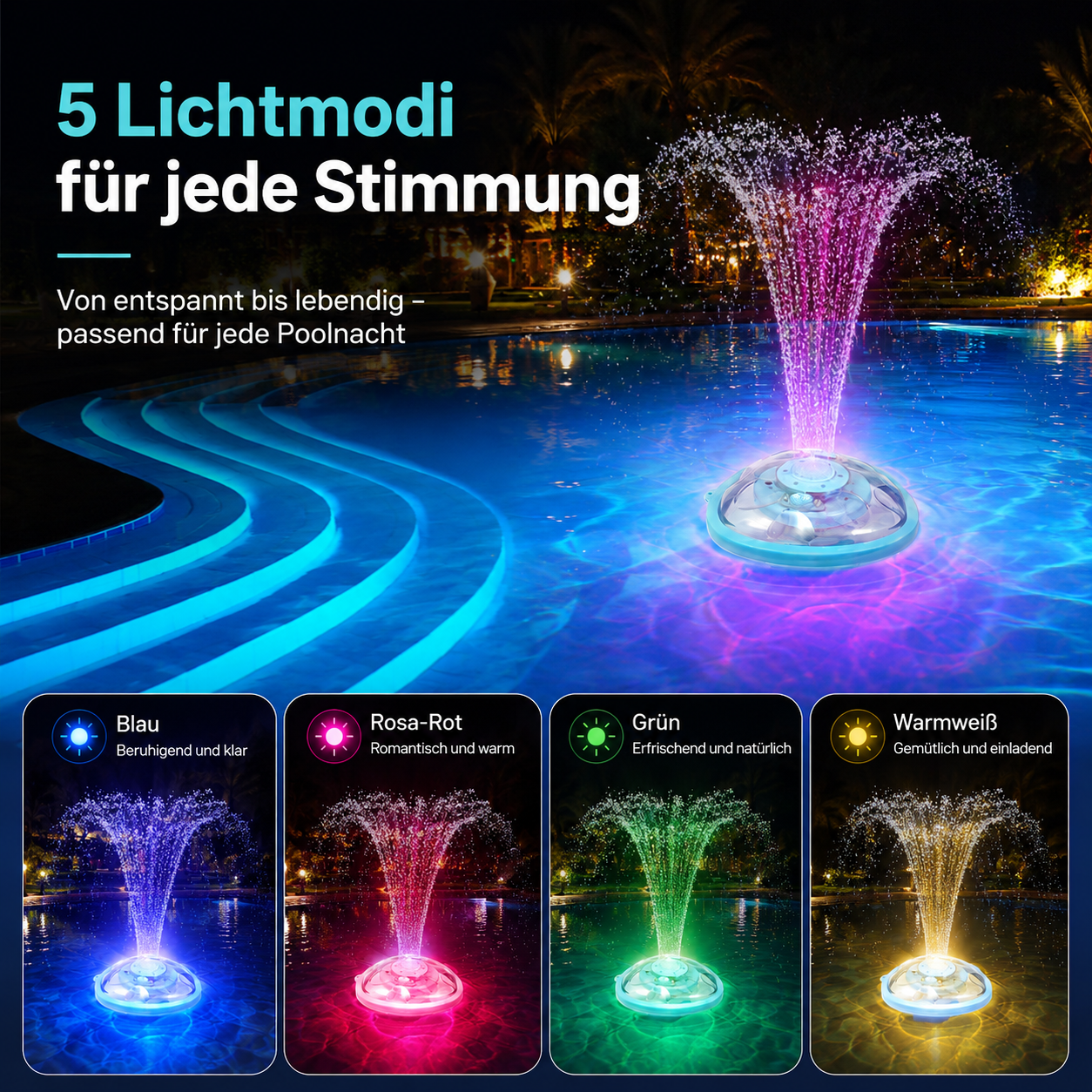 Ein schwimmender Poolbrunnen beleuchtet Wasser in Blau, Rosa, Grün und Warmweiß mit deutschem Text.