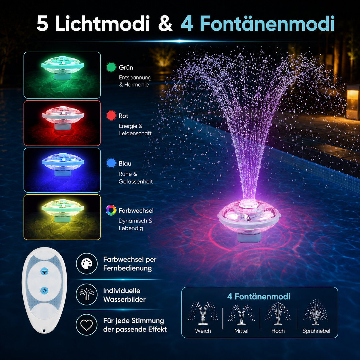 Beleuchtete Pool-Fontäne mit verschiedenen Lichtmodi, Fernbedienung und vier Sprühoptionen auf dunklem Wasser.