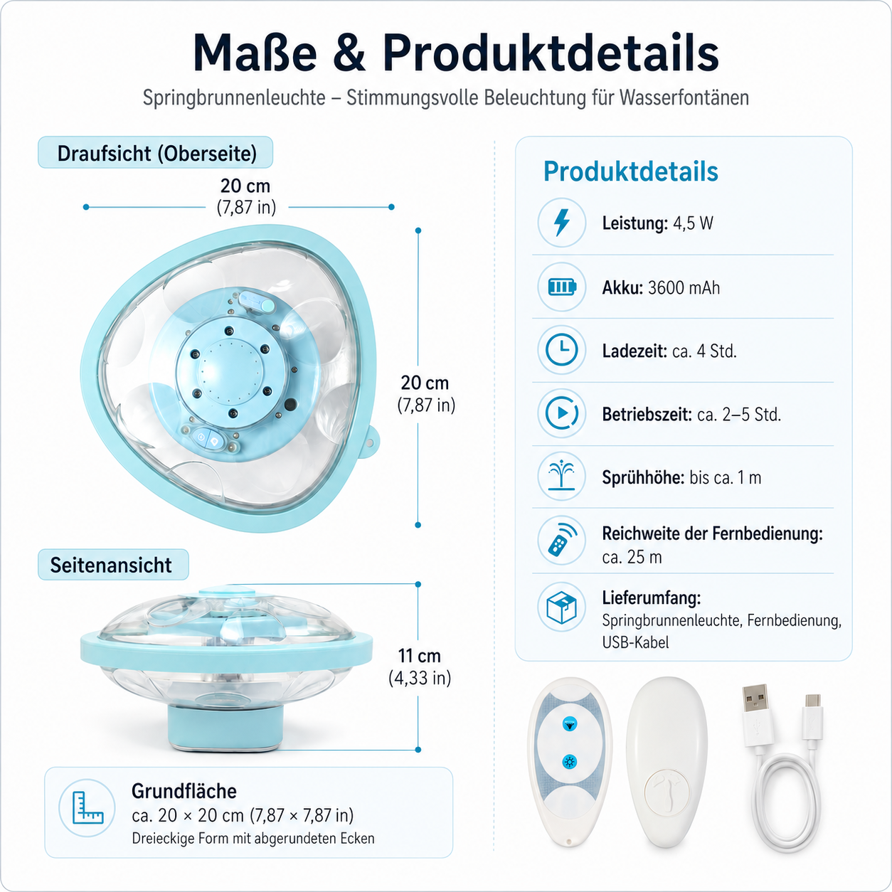 Infografik mit Maßen, Produktdetails und Zubehör einer blauen dreieckigen Springbrunnenleuchte.
