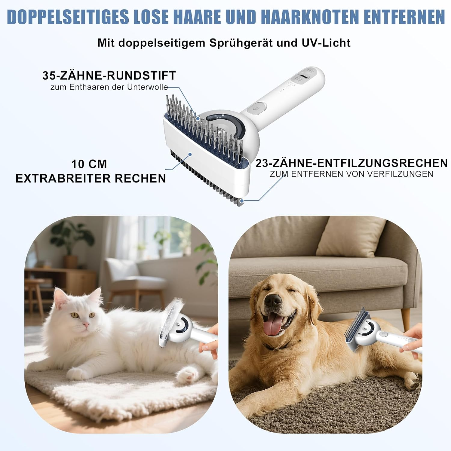 Doppelseitige Haustierbürste mit Sprühgerät und UV-Licht, gezeigt bei der Fellpflege einer Katze und eines Hundes.