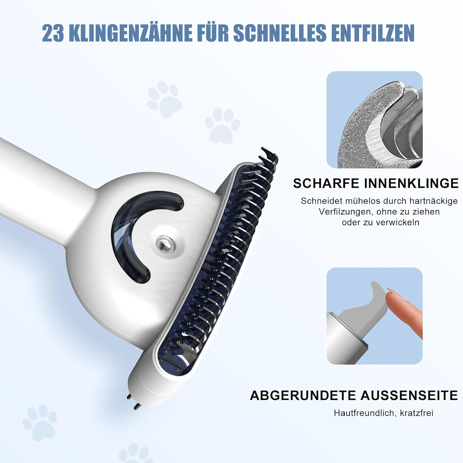 Haustier-Entfilzungsbürste mit 23 Klingen, scharfen Innenklingen und abgerundeter, hautschonender Außenseite.