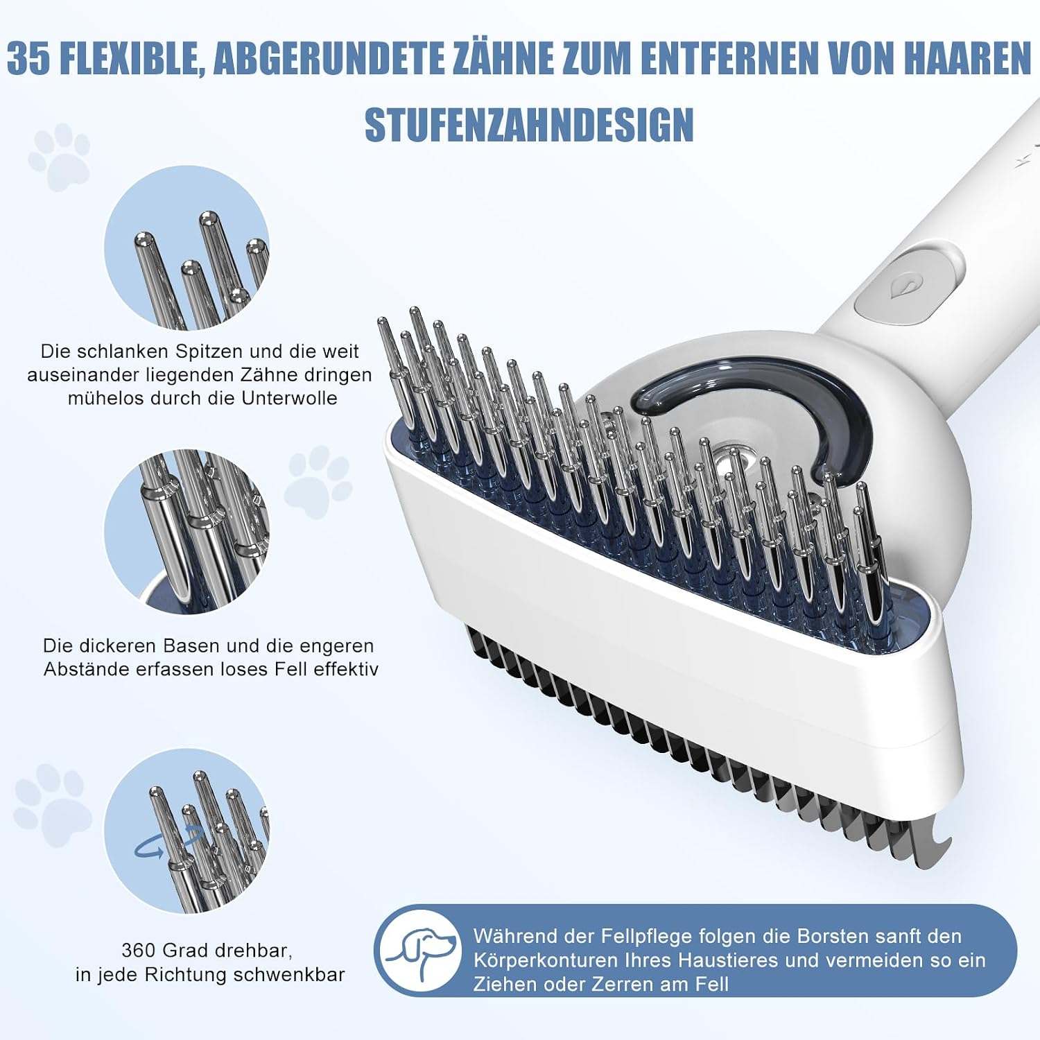 Weiße Tierbürste mit 35 flexiblen Metallzähnen und 360-Grad-Drehkopf, mit Nahaufnahmen.