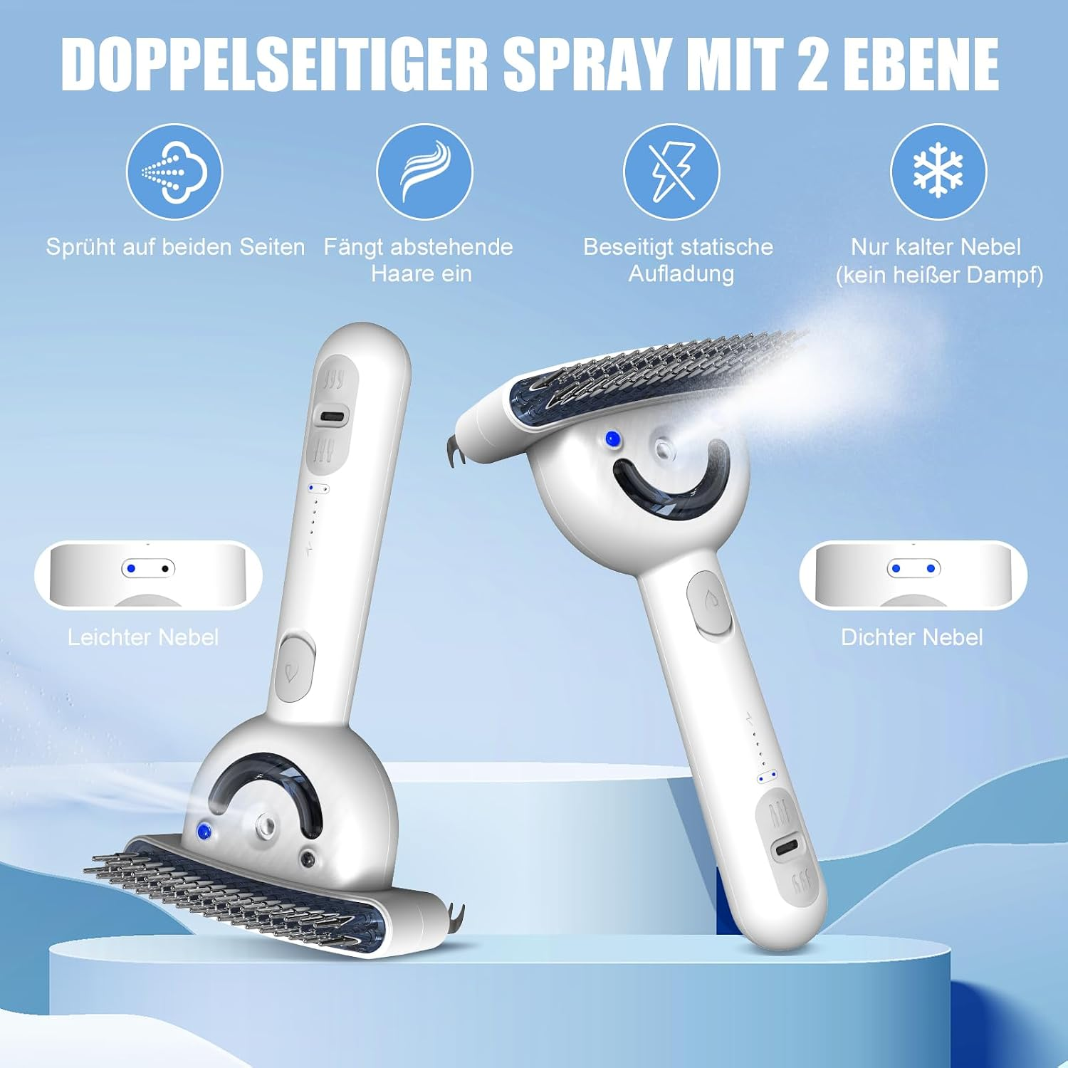 Zwei weiße Haustierbürsten mit Sprühfunktion auf blauem Hintergrund mit Symbolen und deutschem Text.