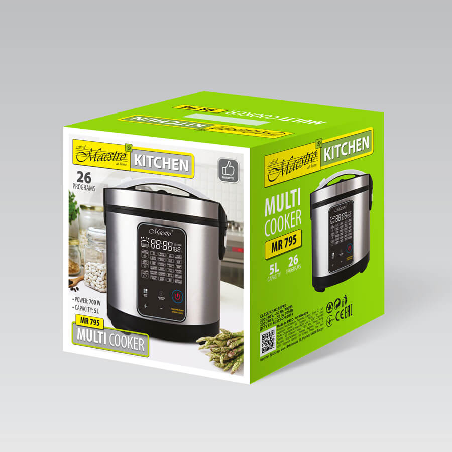 Zielone opakowanie produktu przedstawiające srebrny multicooker Maestro z 26 programami na szarym tle.