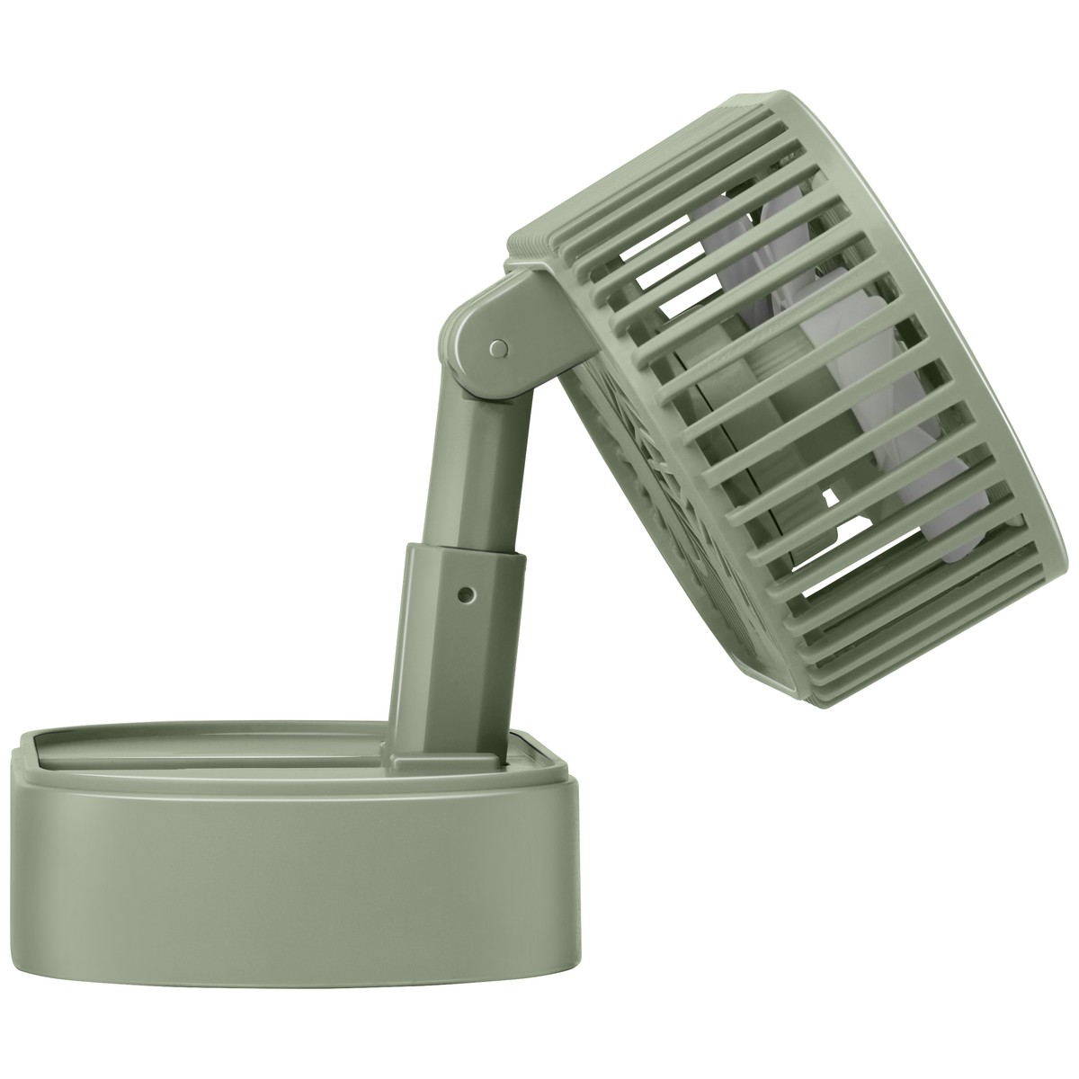 Ein salbeigrüner Schreibtischventilator mit verstellbarem Ständer und flachem Sockel.