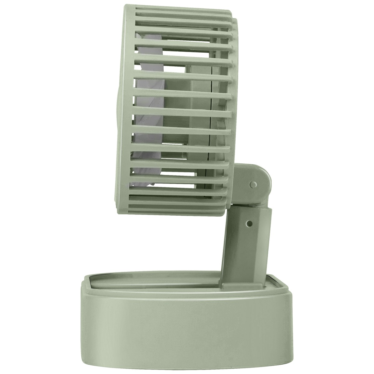 Ein kleiner, hellgrüner Tischventilator von der Seite gesehen, mit schützendem Gittergehäuse und stabilem Sockel.