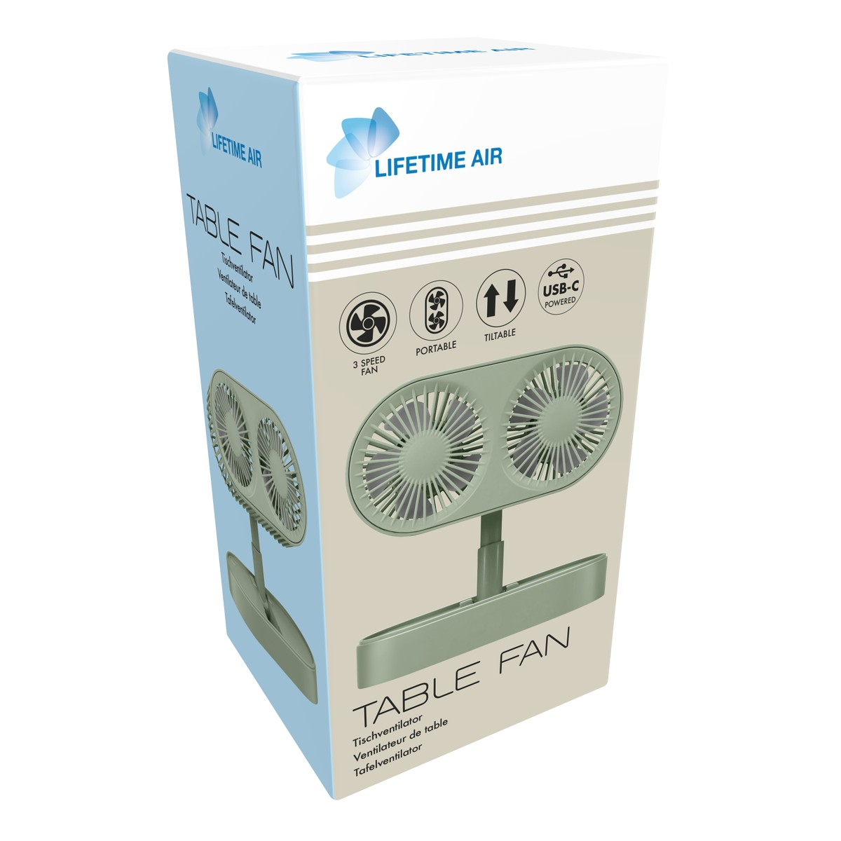 Verpackungskarton für einen grünen Lifetime Air Doppeltischventilator mit drei Stufen und USB-C.