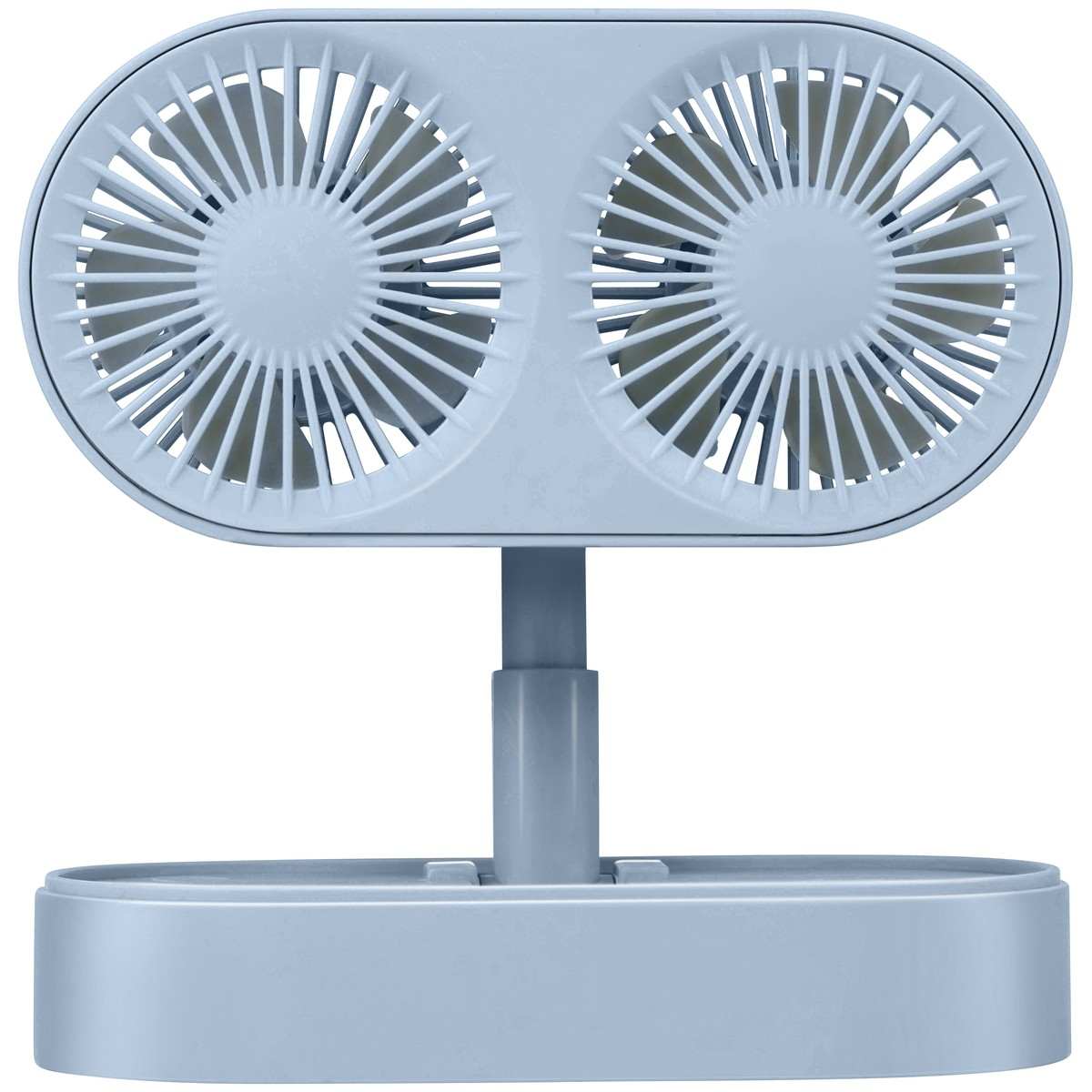 Ein hellblauer Doppelkopf-Tischventilator mit Ständer und ovalem Sockel vor weißem Hintergrund.