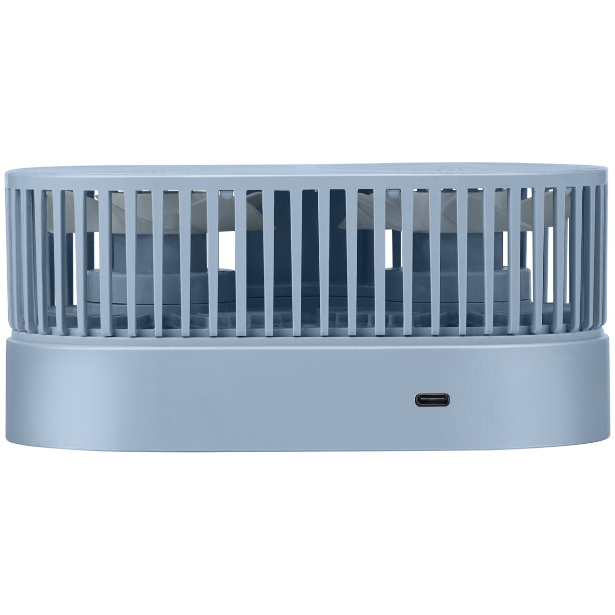 Ein blauer, länglicher Tischventilator mit zwei internen Rotoren und einem USB-C-Anschluss an der Vorderseite.