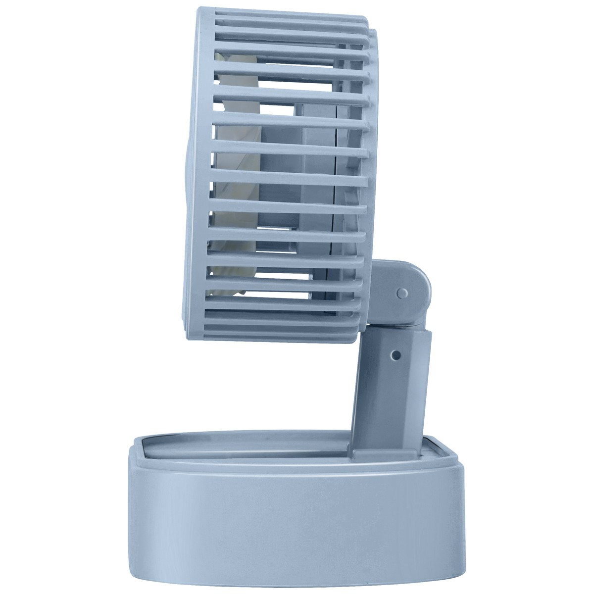 Seitenansicht eines kleinen grauen Tischventilators auf einem festen Sockel vor weißem Hintergrund.