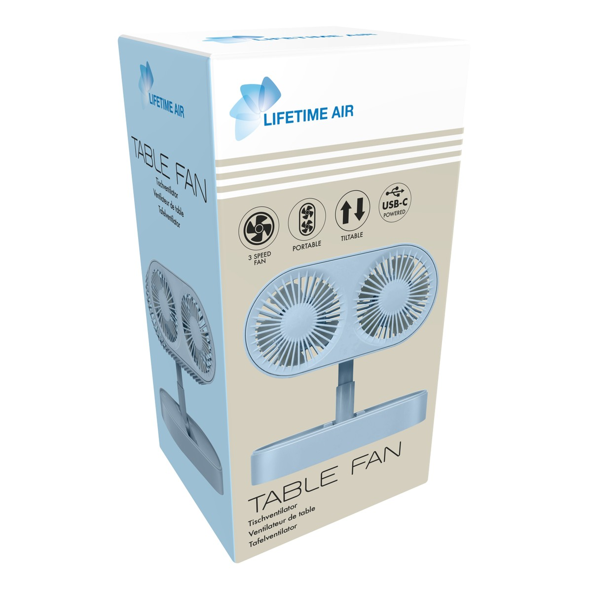 Verpackungskarton für einen hellblauen Lifetime Air Tischventilator mit zwei Rotoren und USB-C.