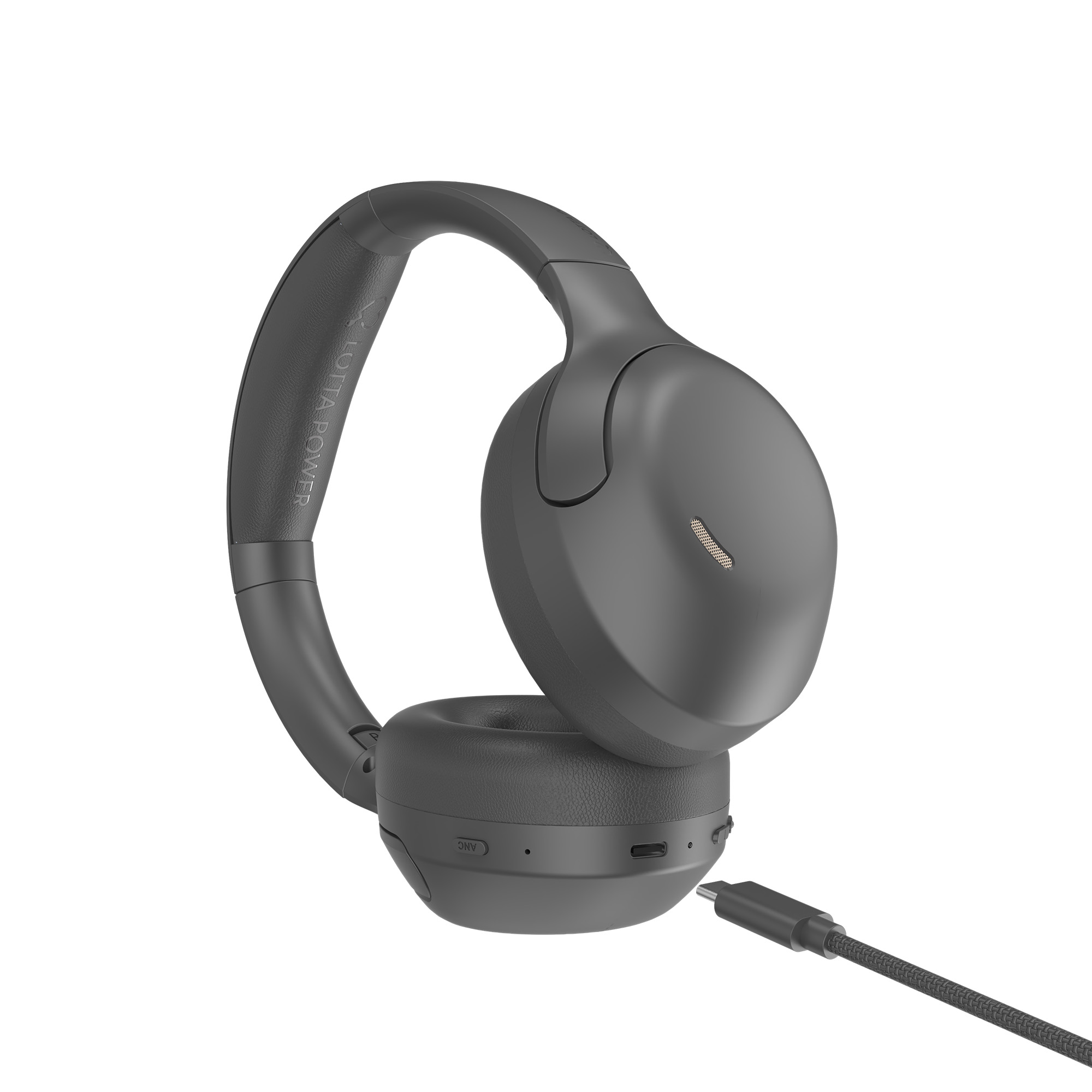 Dunkelgraue Over-Ear-Kopfhörer mit USB-C-Kabel auf weißem Hintergrund.