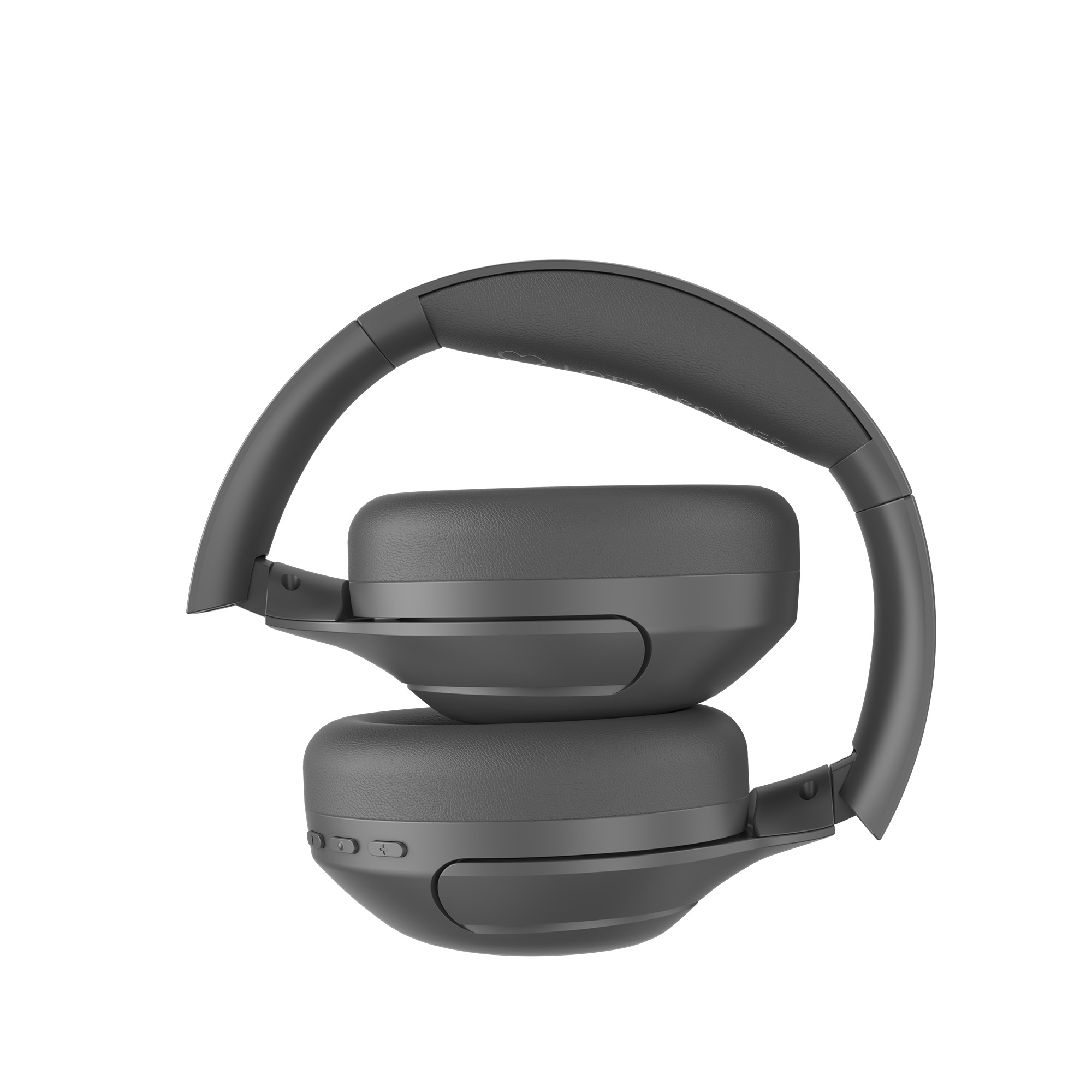 Schwarze Over-Ear-Kopfhörer zusammengeklappt vor einem weißen Hintergrund.