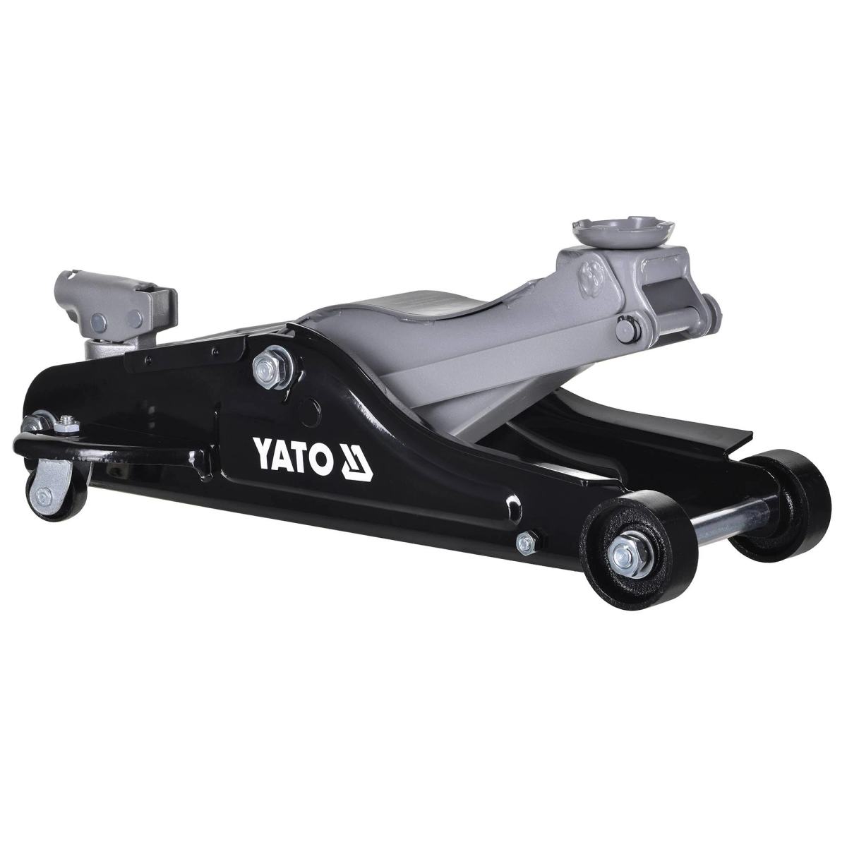 Ein schwarz-grauer Yato Hydraulik-Wagenheber mit Rädern vor weißem Hintergrund.