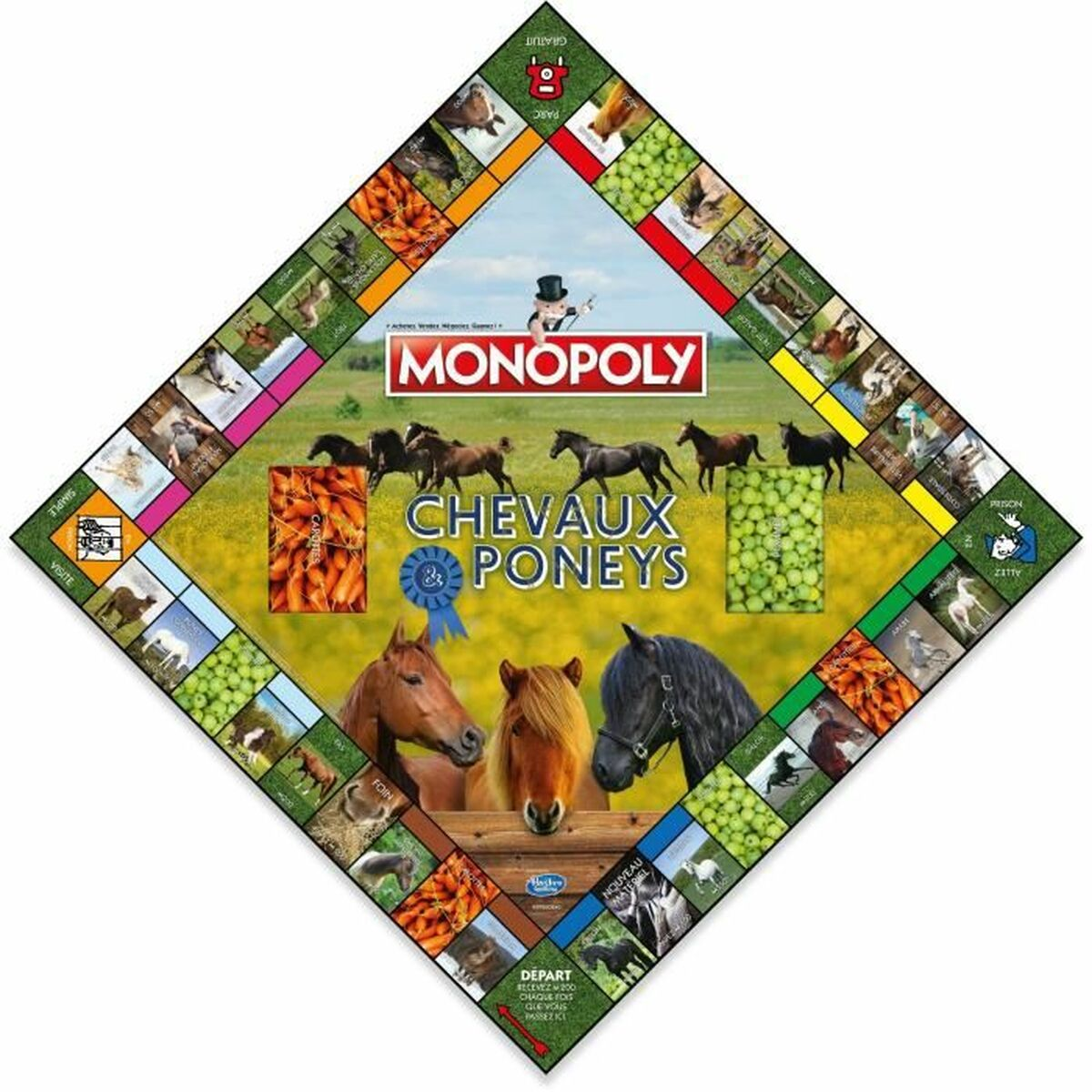 Ein Monopoly-Brettspiel zum Thema Pferde und Ponys mit bunten Grundstücken und drei Pfermeköpfen unten.