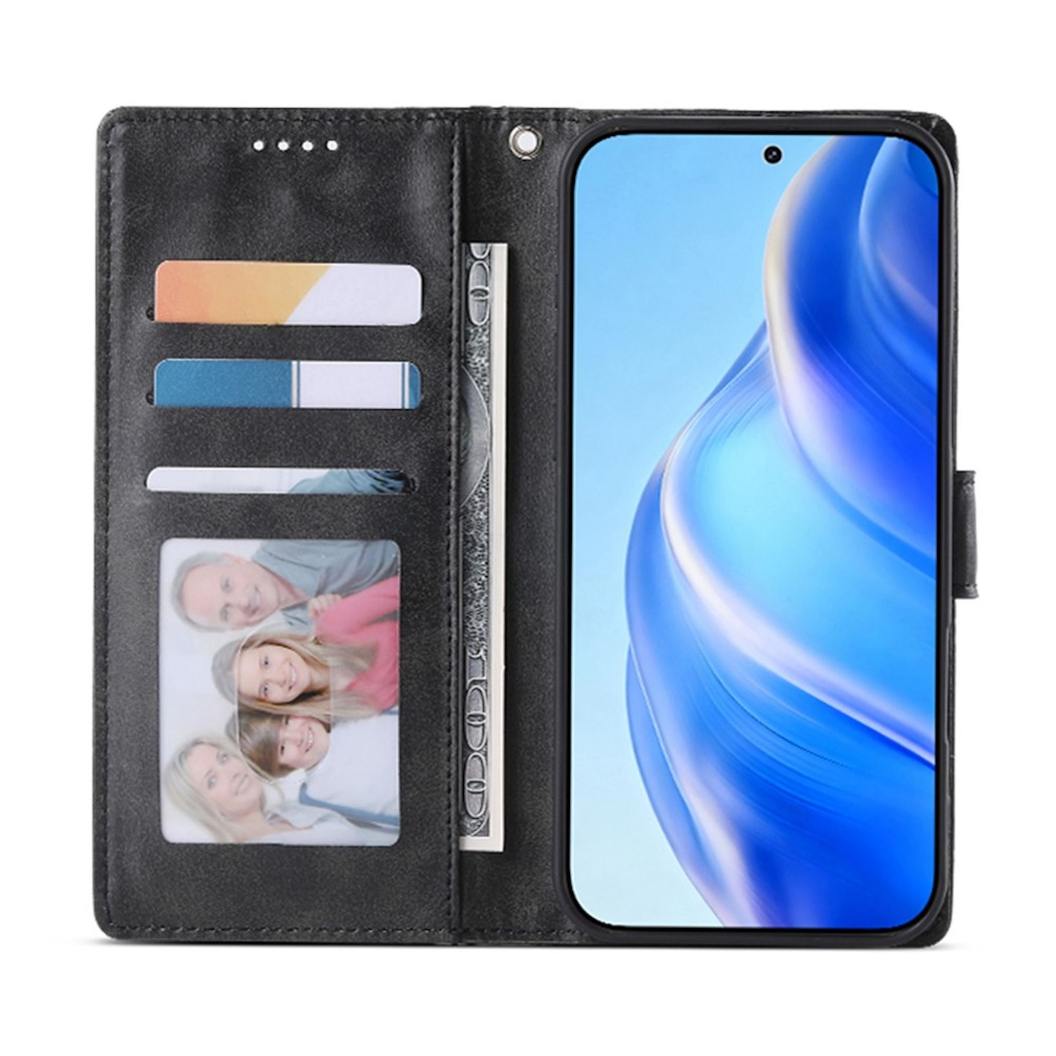 Schwarze Leder-Handyhülle mit Kreditkartenfächern, Bargeld und einem Familienfoto, der Bildschirm zeigt ein blaues Wellenmuster.
