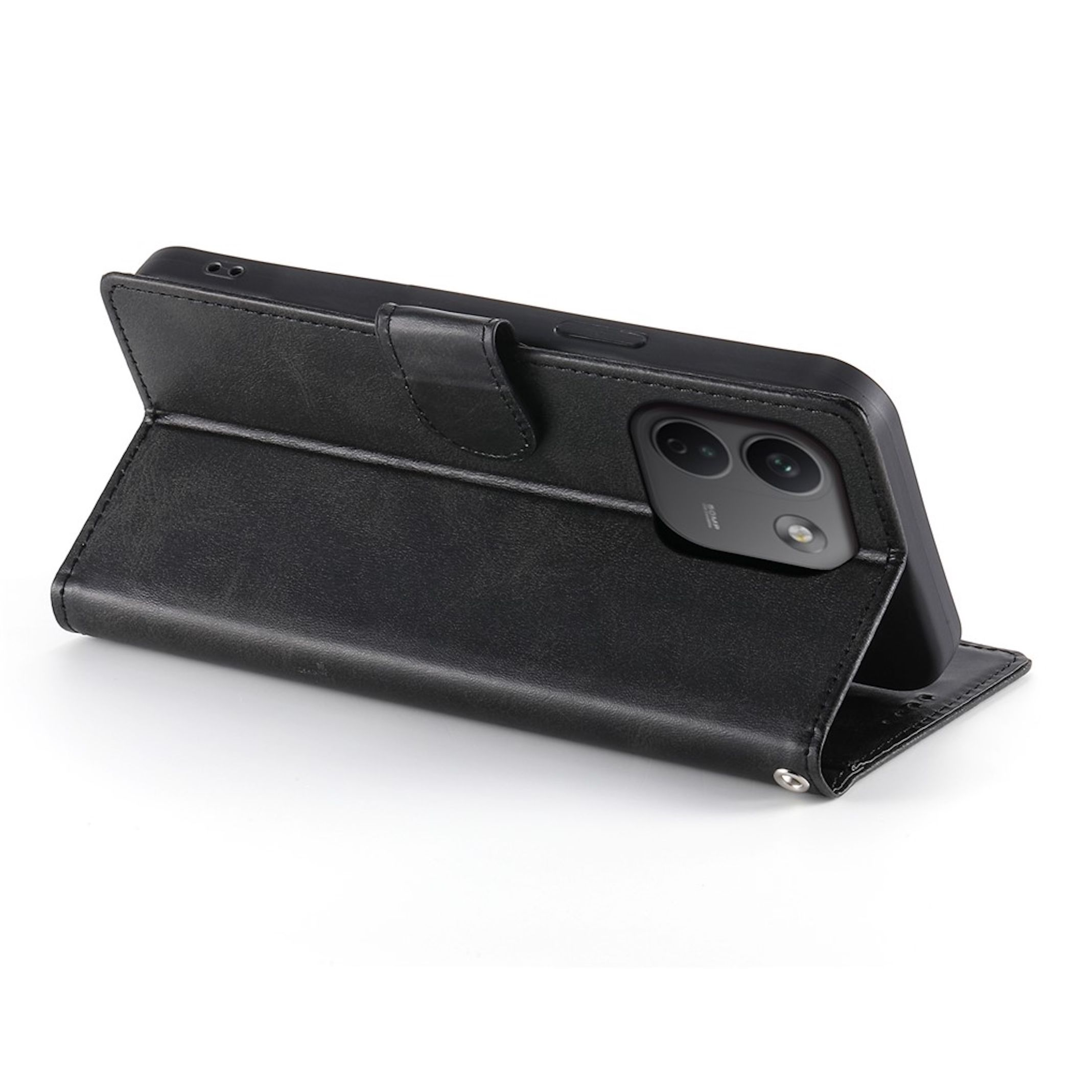 Ein schwarzes Leder-Klappetui für Smartphones mit zwei Kameraöffnungen auf weißem Hintergrund.