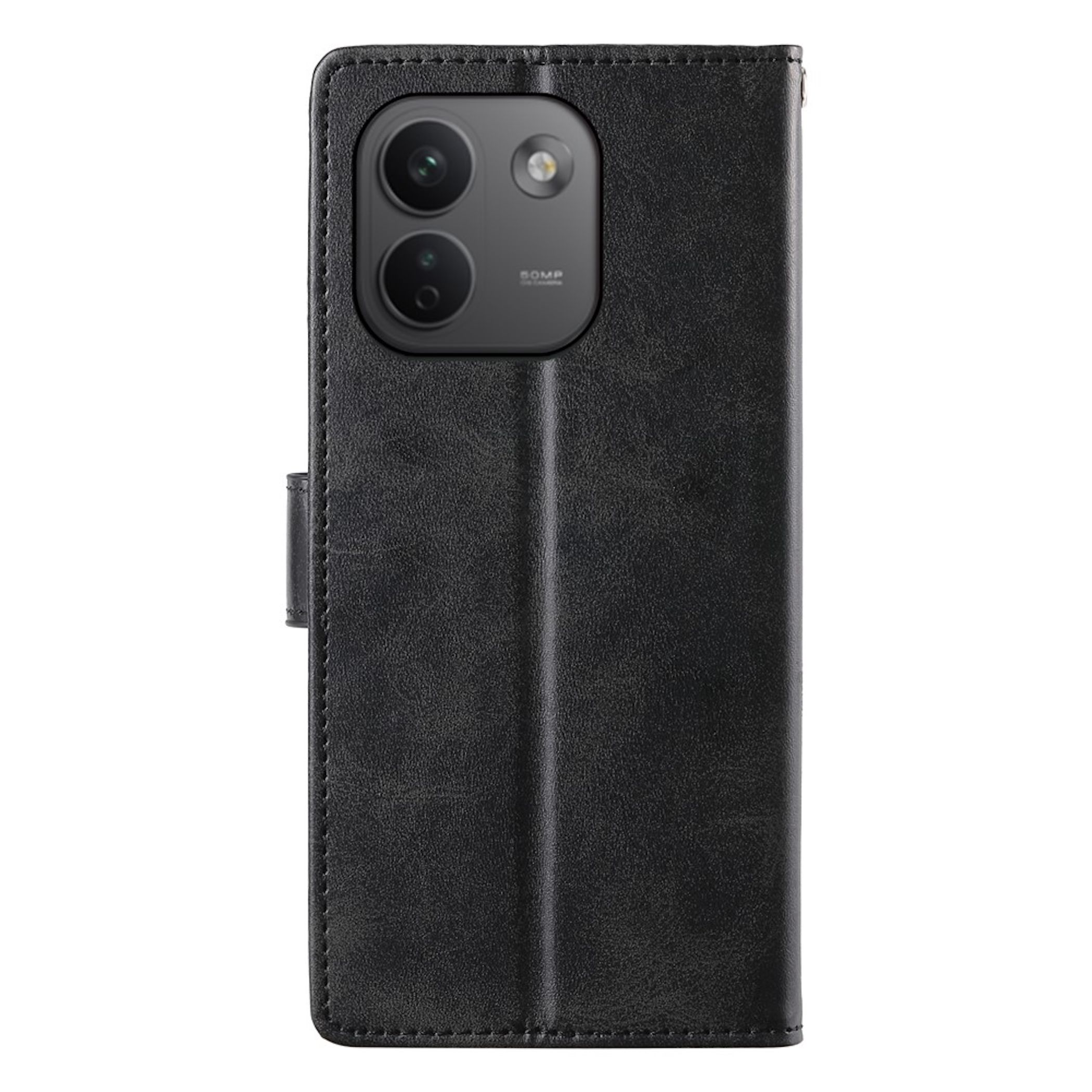 Schwarze Leder-Handy-Klapphülle mit sichtbarem doppelten Kameramodul auf der Rückseite.