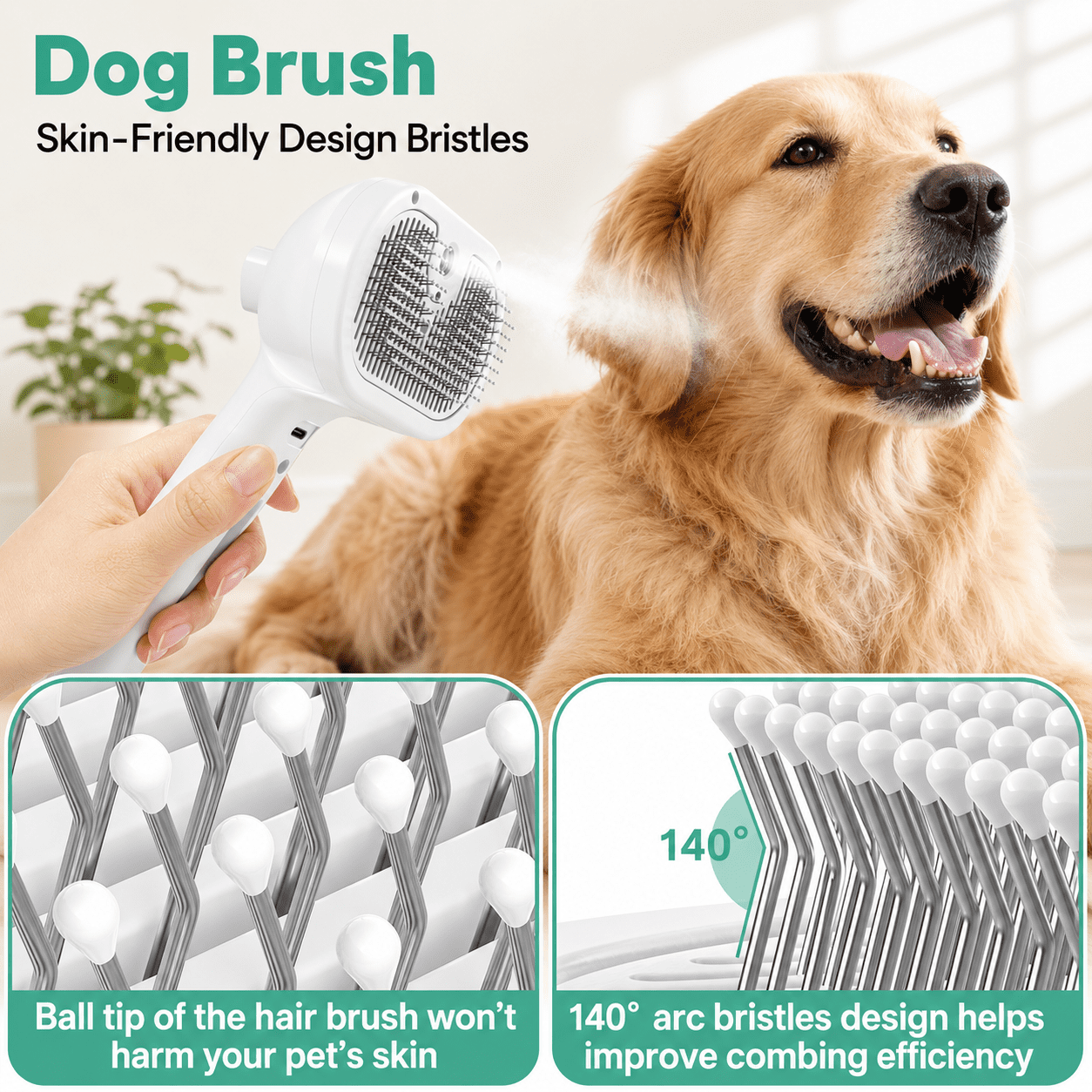 Eine Hand hält eine weiße Dampfbürste für Hunde neben einem Golden Retriever, unten im Detail zu sehen.