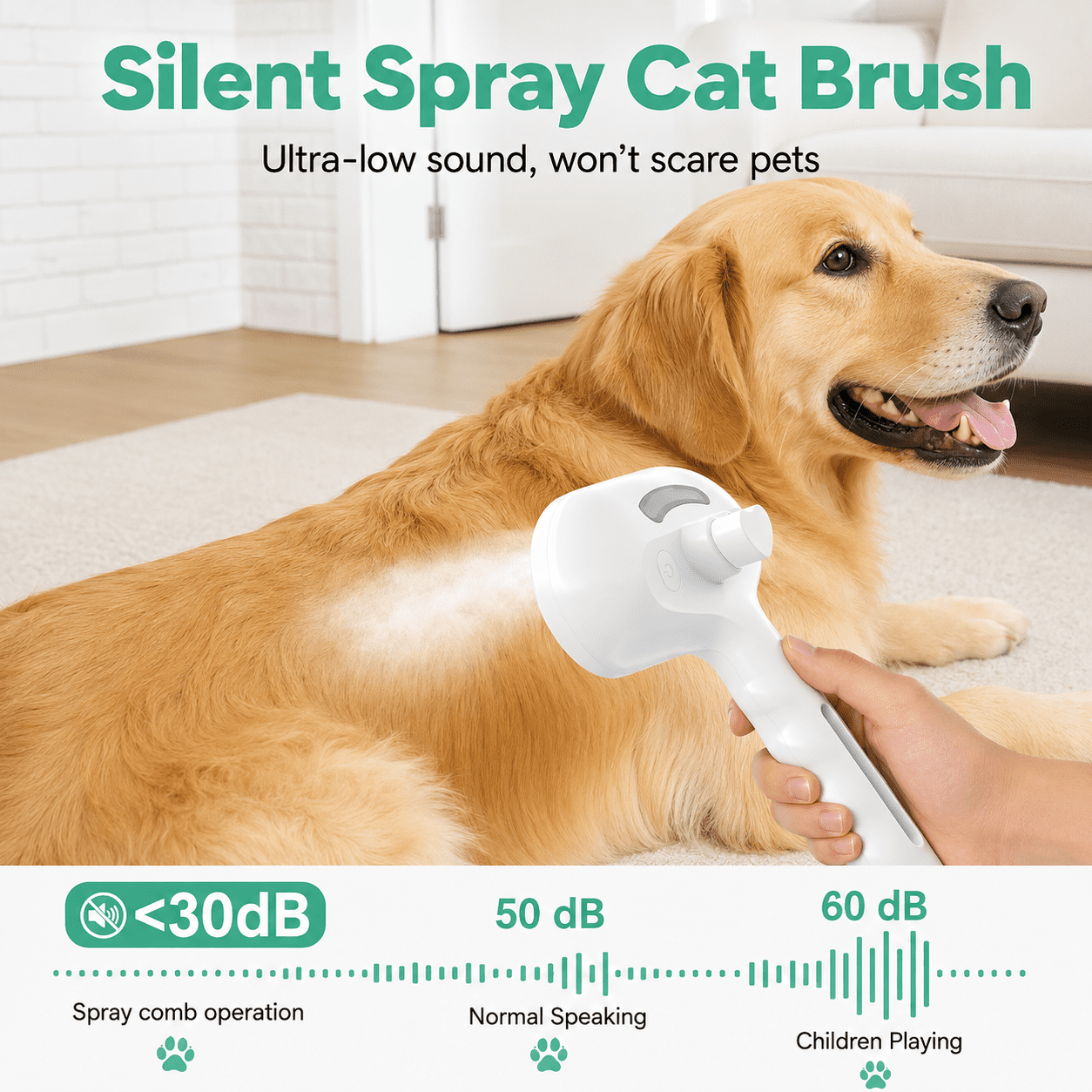 Eine Hand benutzt eine leise Sprühbürste an einem Golden Retriever, der auf einem Teppich liegt.