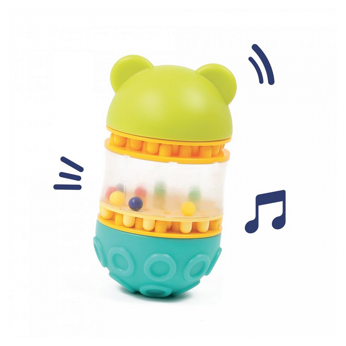 Ein grün-türkisfarbenes Babyspielzeug mit klarem Mittelteil, bunten Perlen und musikalischen Noten.
