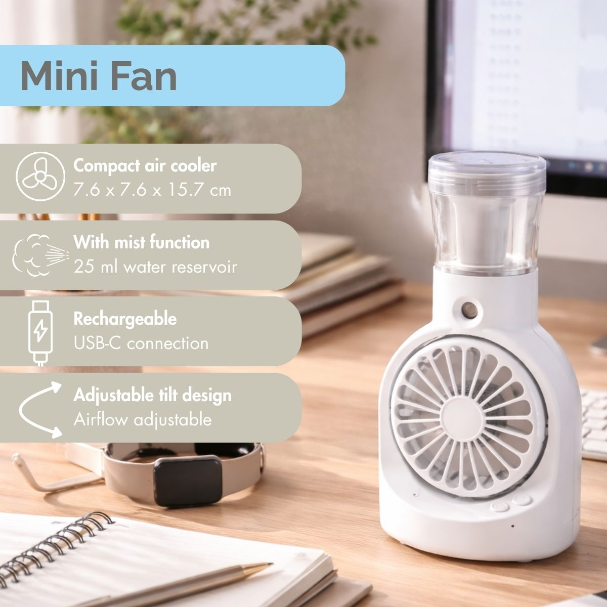 Tragbarer weißer Mini-Ventilator auf Holzschreibtisch mit Textfeldern über Funktionen.
