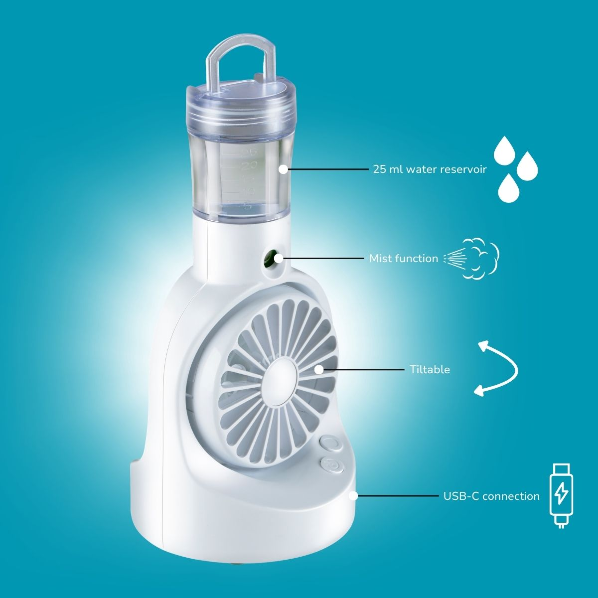 Weißer tragbarer Ventilator mit Wassertank, Sprühfunktion und USB-C-Anschluss auf blauem Hintergrund.