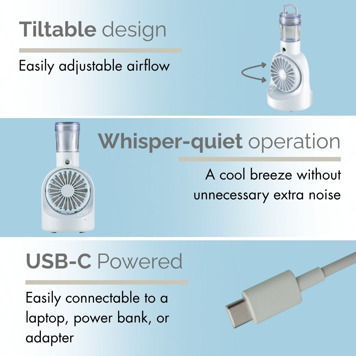 Produktbanner zeigt verstellbaren Ventilator mit Lampe, leisen Betrieb und USB-C-Anschluss.