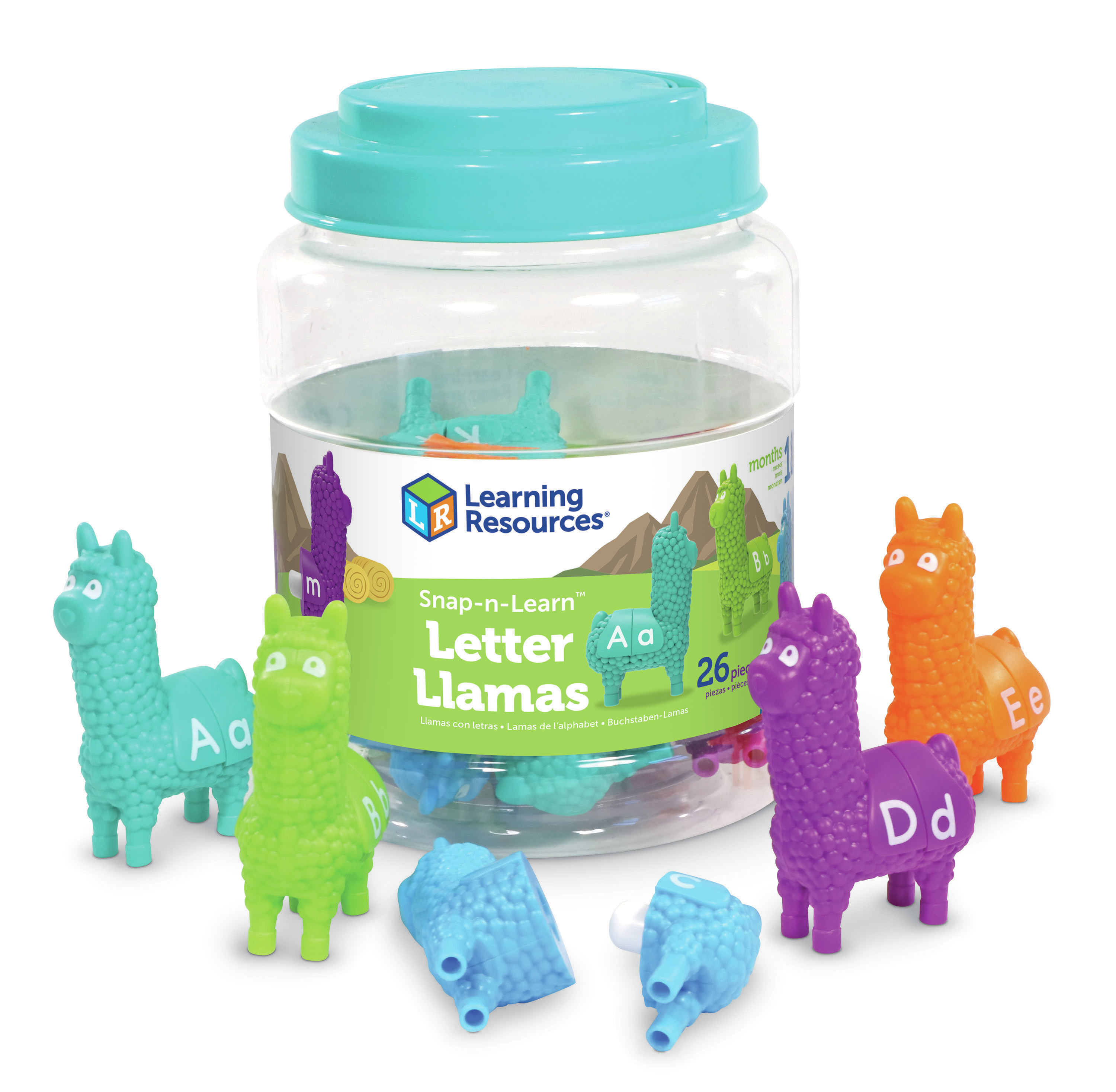 Ein Vorratsglas mit bunten Plastik-Lamas mit Buchstaben davor.