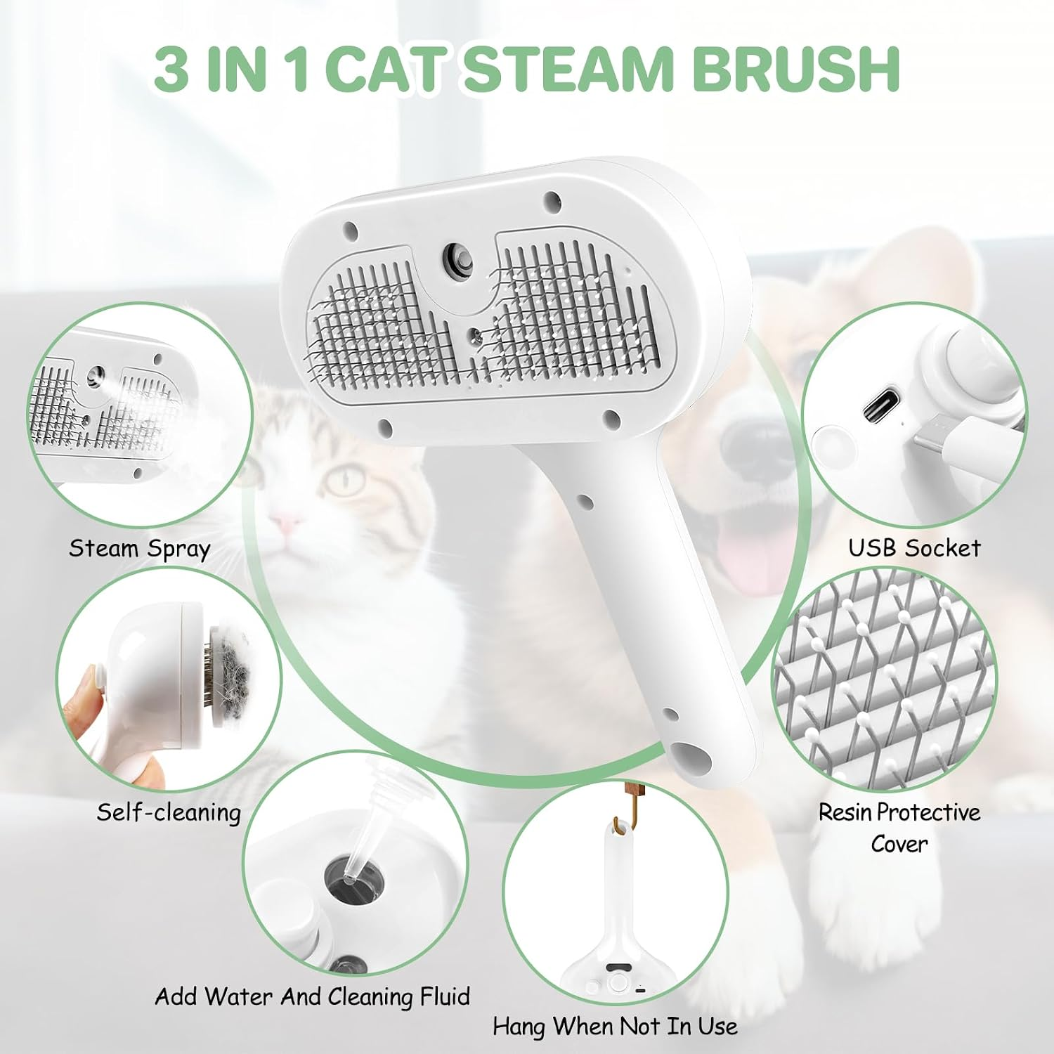 Eine weiße 3-in-1-Katzendampfbürste mit Funktionsdetails wie Wasserspray, USB-Anschluss und Silikonborsten.