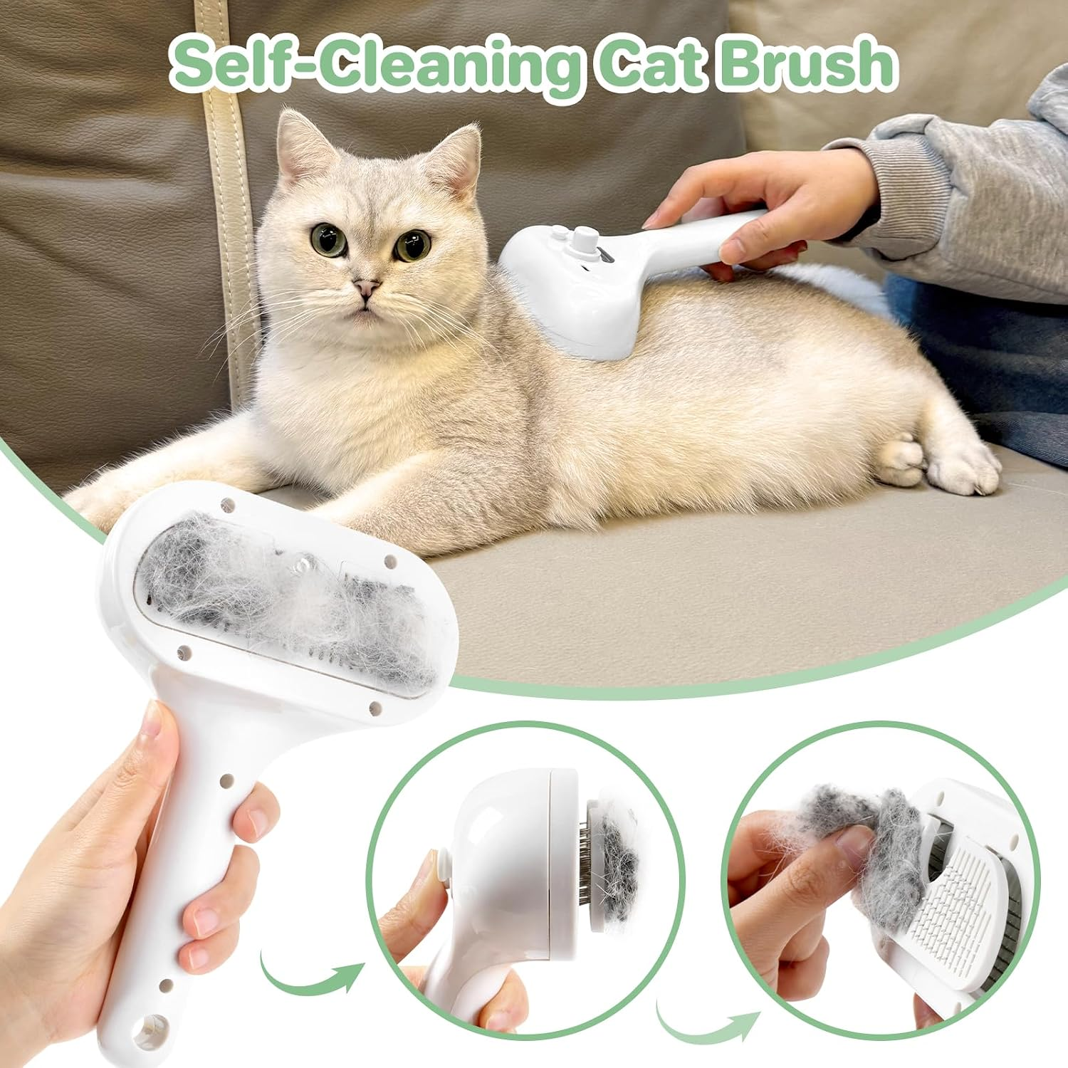 Eine Hand bürstet eine helle Katze mit einer weißen Selbstreinigungsbürste; Detailbilder zeigen das Fell auf der Bürste.