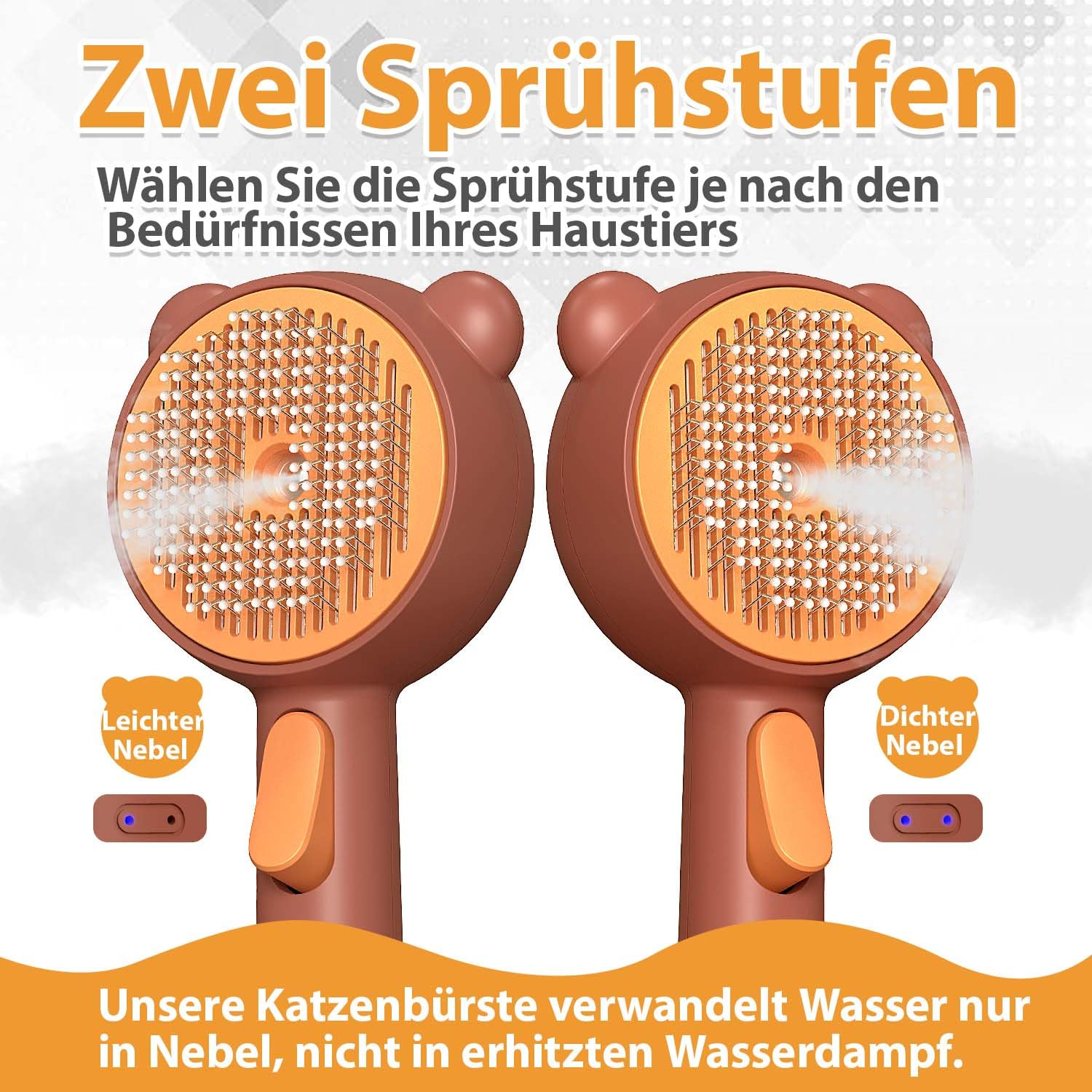 Zwei braune Katzensprühbürsten mit Bärenohren und zwei unterschiedlichen Nebelstufen auf hellem Hintergrund.