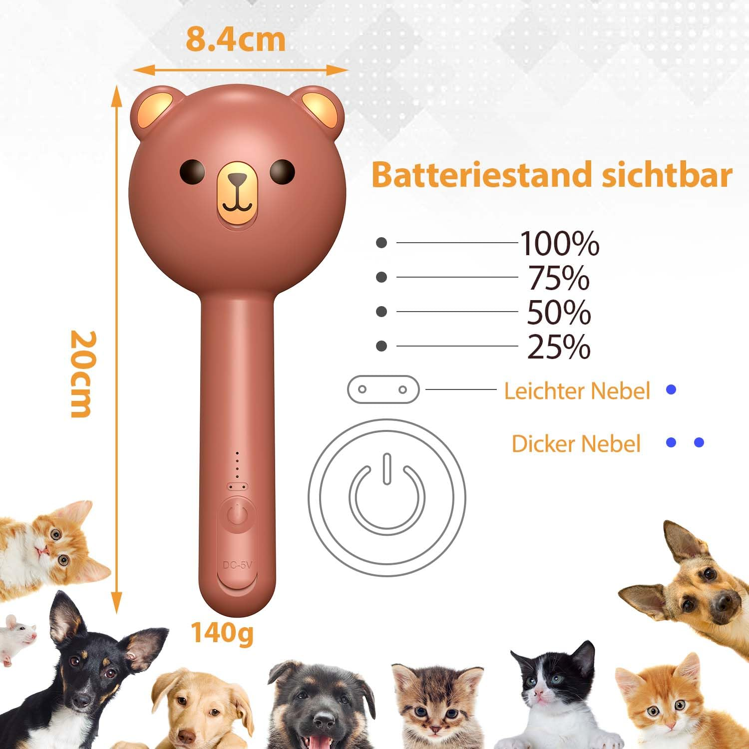 Brauner Bären Handventilator mit Maßen, Batteriestand und Einstellmöglichkeiten, umgeben von Haustieren.