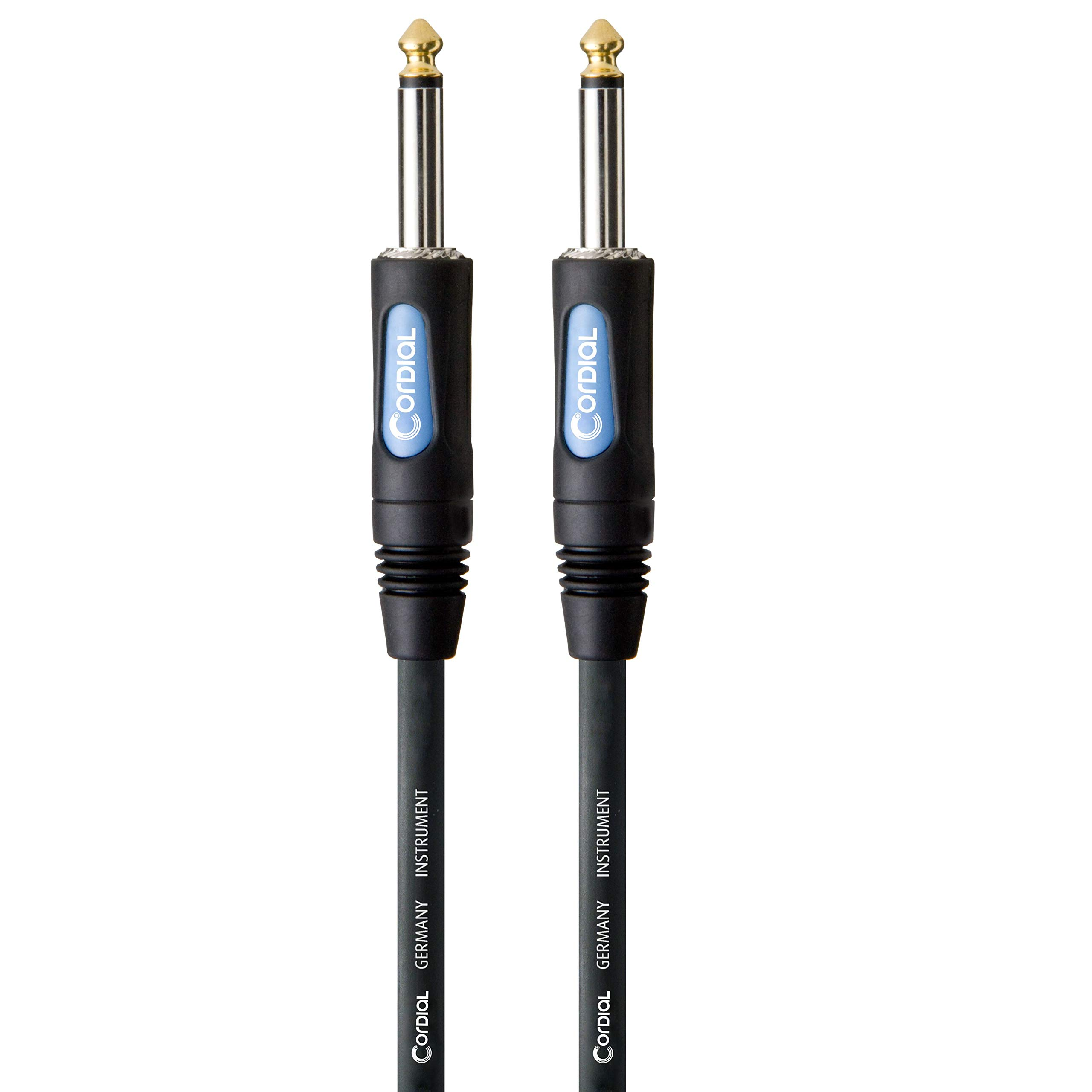 Zwei schwarze Cordial-Instrumentenkabel mit vergoldeten 6,3-mm-Klinkensteckern vor weißem Hintergrund.