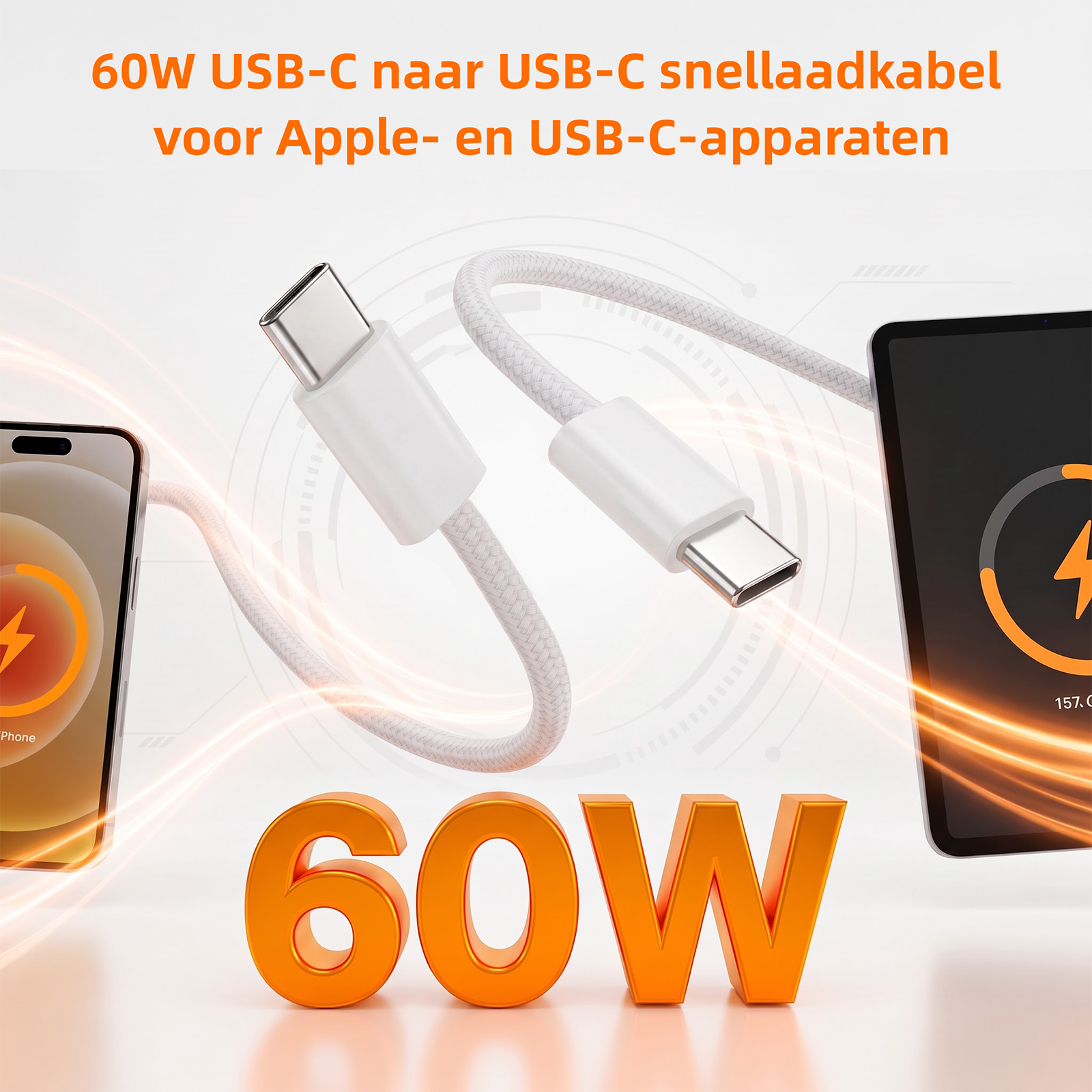 Weißes USB-C-Kabel mit 60W, verbunden mit einem Smartphone und Tablet auf hellem Hintergrund.