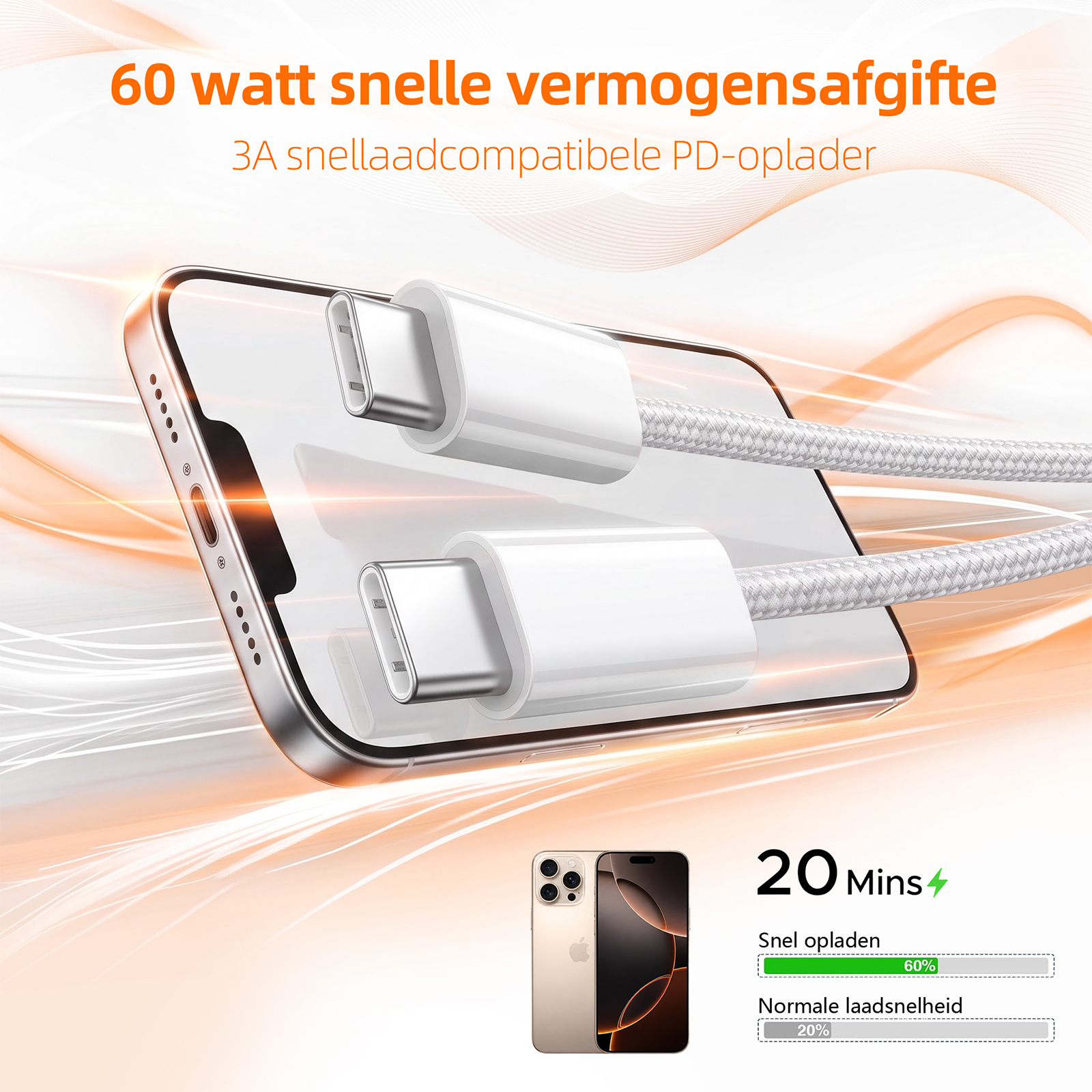 Zwei weiße USB-C-Kabel und ein Smartphone auf orangem Hintergrund mit Text.