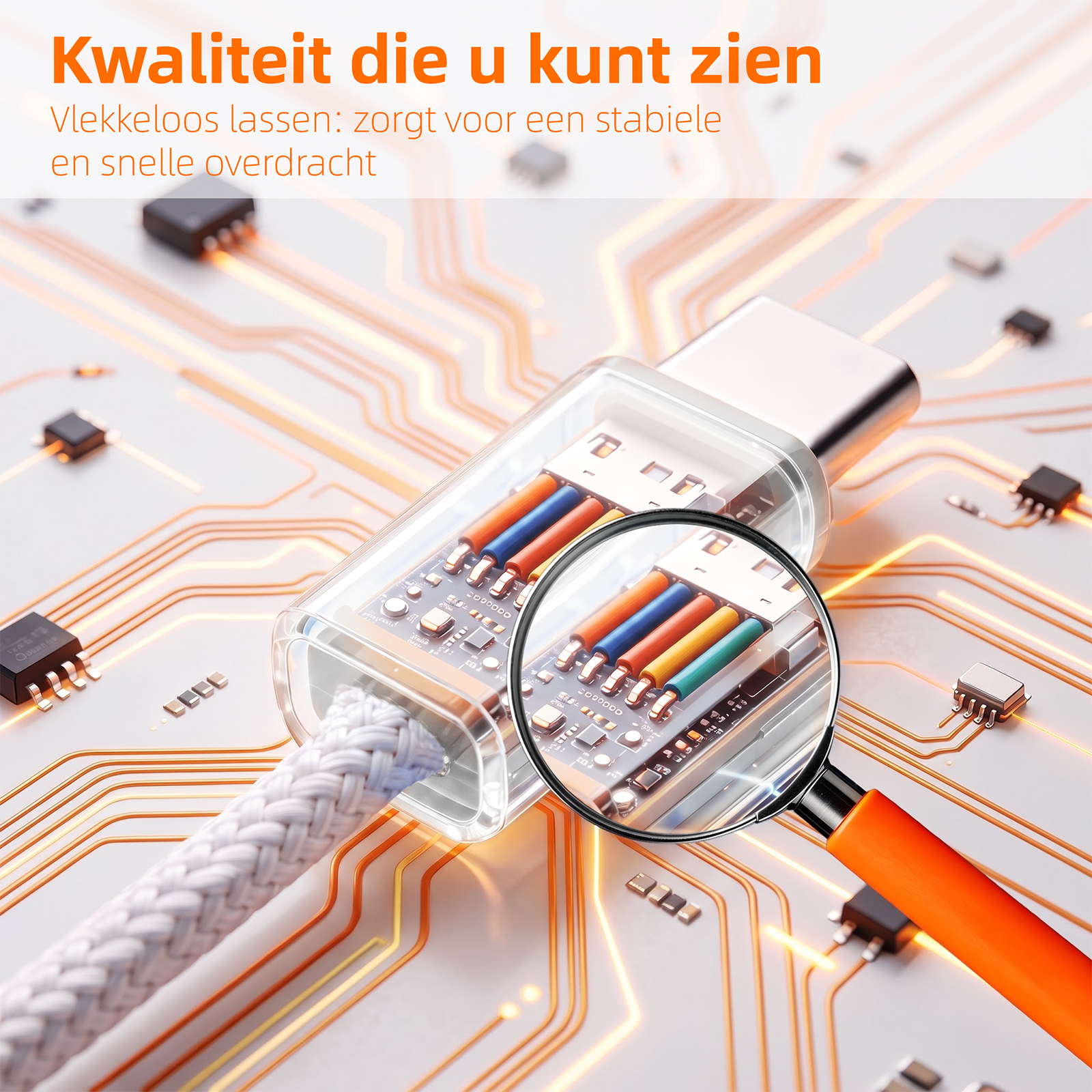Eine Lupe zeigt die bunte Innenverdrahtung eines USB-C-Steckers auf einer leuchtenden Platine.