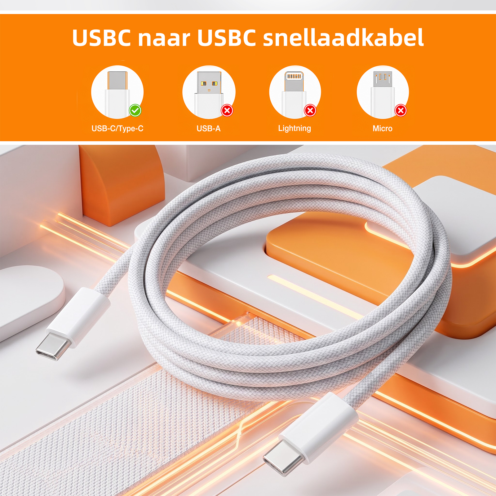 Ein weißes USB-C zu USB-C Ladekabel vor einem orange-weißen Hintergrund mit Stecker-Vergleich.