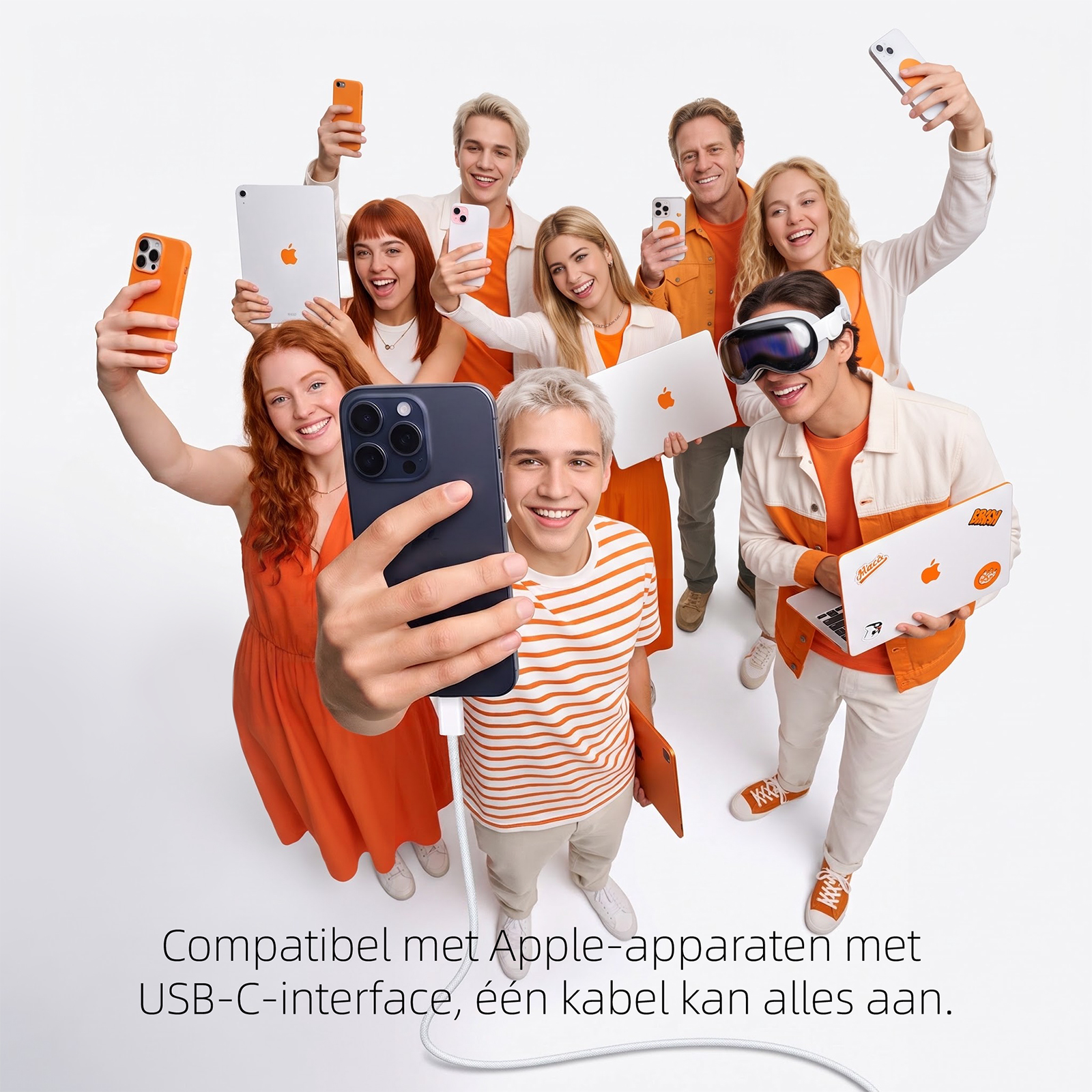 Lchelnde Menschen halten Apple-Geraete wie iPhones, iPads und MacBooks vor einem weissen Hintergrund.