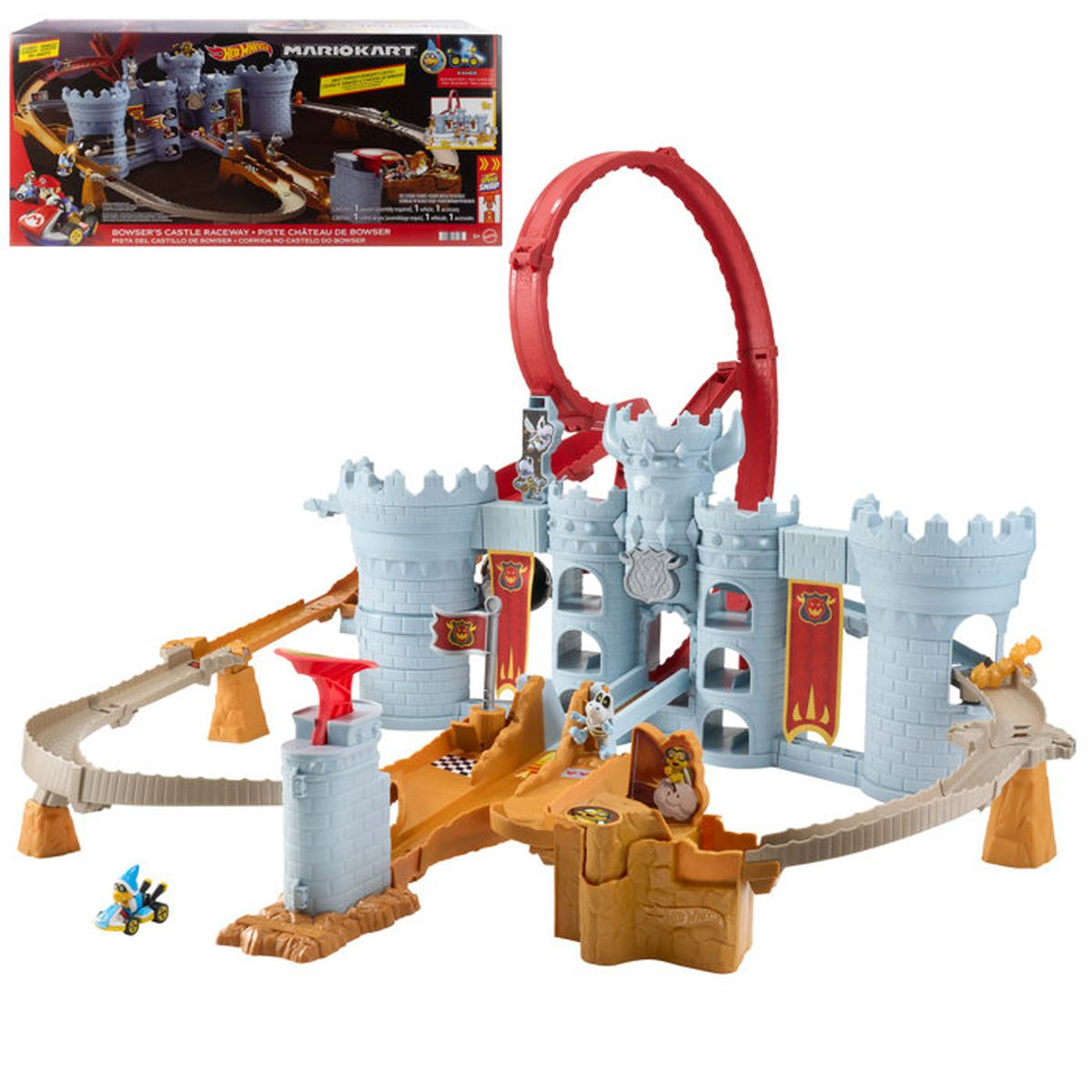 Hot Wheels Mario Kart Bowsers Schloss Rennbahn-Set mit Schloss, Rennstrecke, rotem Looping und Karts.