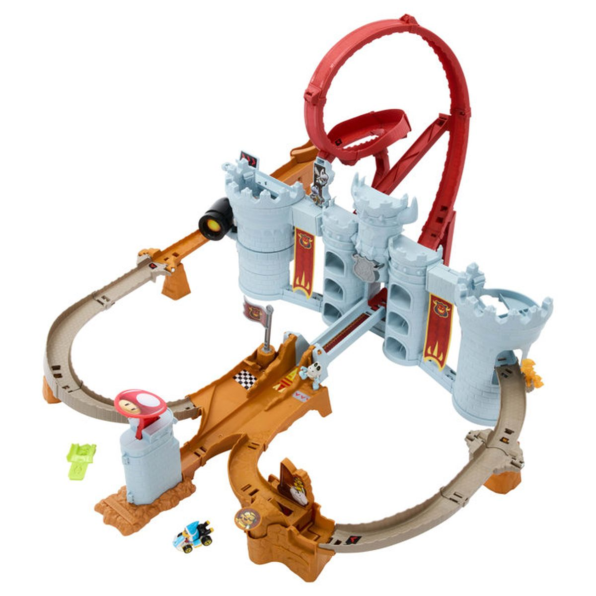 Ein farbenfrohes Mario Kart Spielset mit einer Schienenbahn, einem Schlossturm und einem roten Loop.