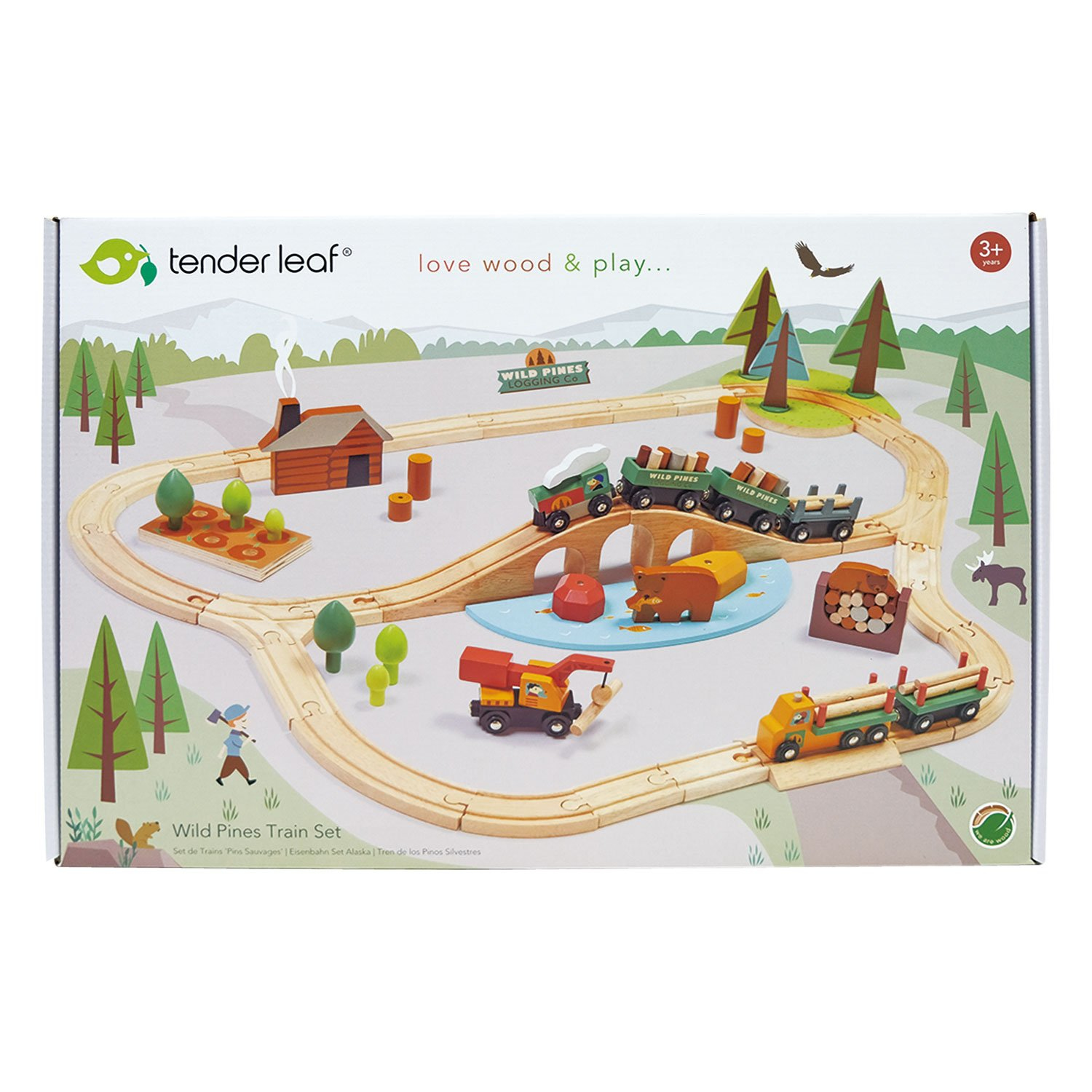 Holzeisenbahn-Set mit Schienen, Bäumen, Tieren, Fahrzeugen und einer Holzhütte in einer waldartigen Kulisse.