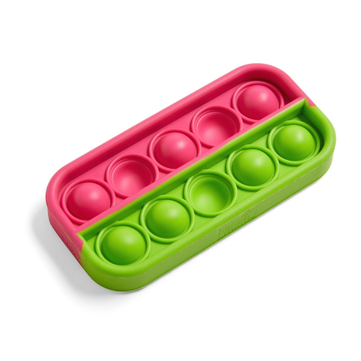 Ein rechteckiges Silikon-Fidget-Toy mit rosa und grünen Popping-Blasen auf weißem Hintergrund.
