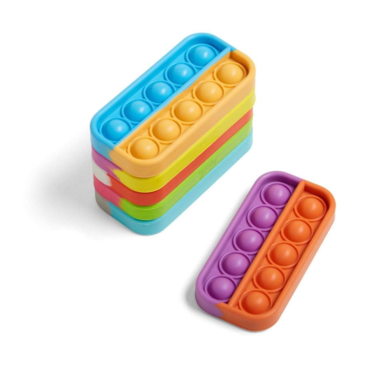 Stapel bunter Push-Pop-Fidget-Toys auf weißem Hintergrund.