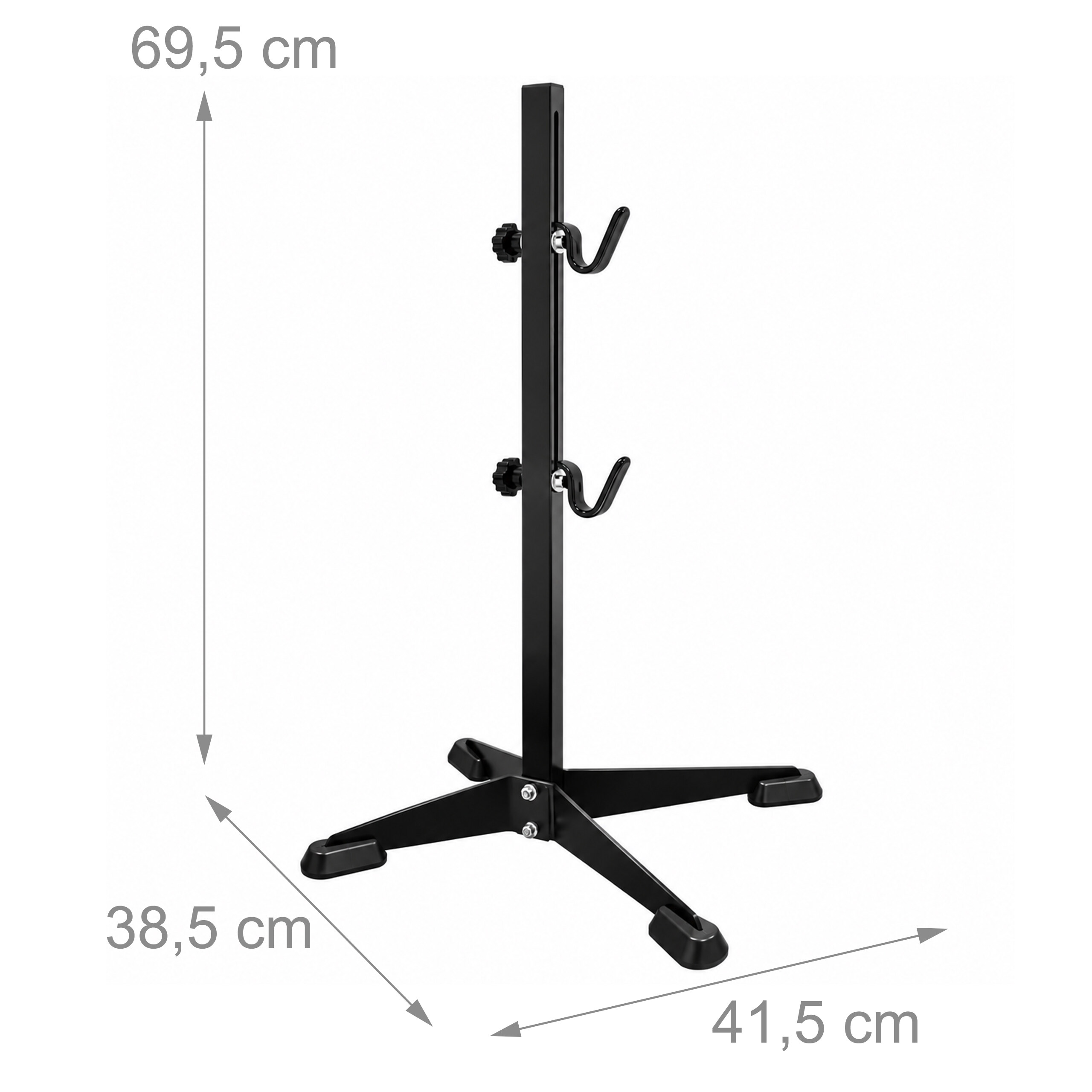 Ein schwarzer, verstellbarer Fahrradständer mit vierbeiniger Basis und Maßen von 69,5 x 41,5 x 38,5 cm.