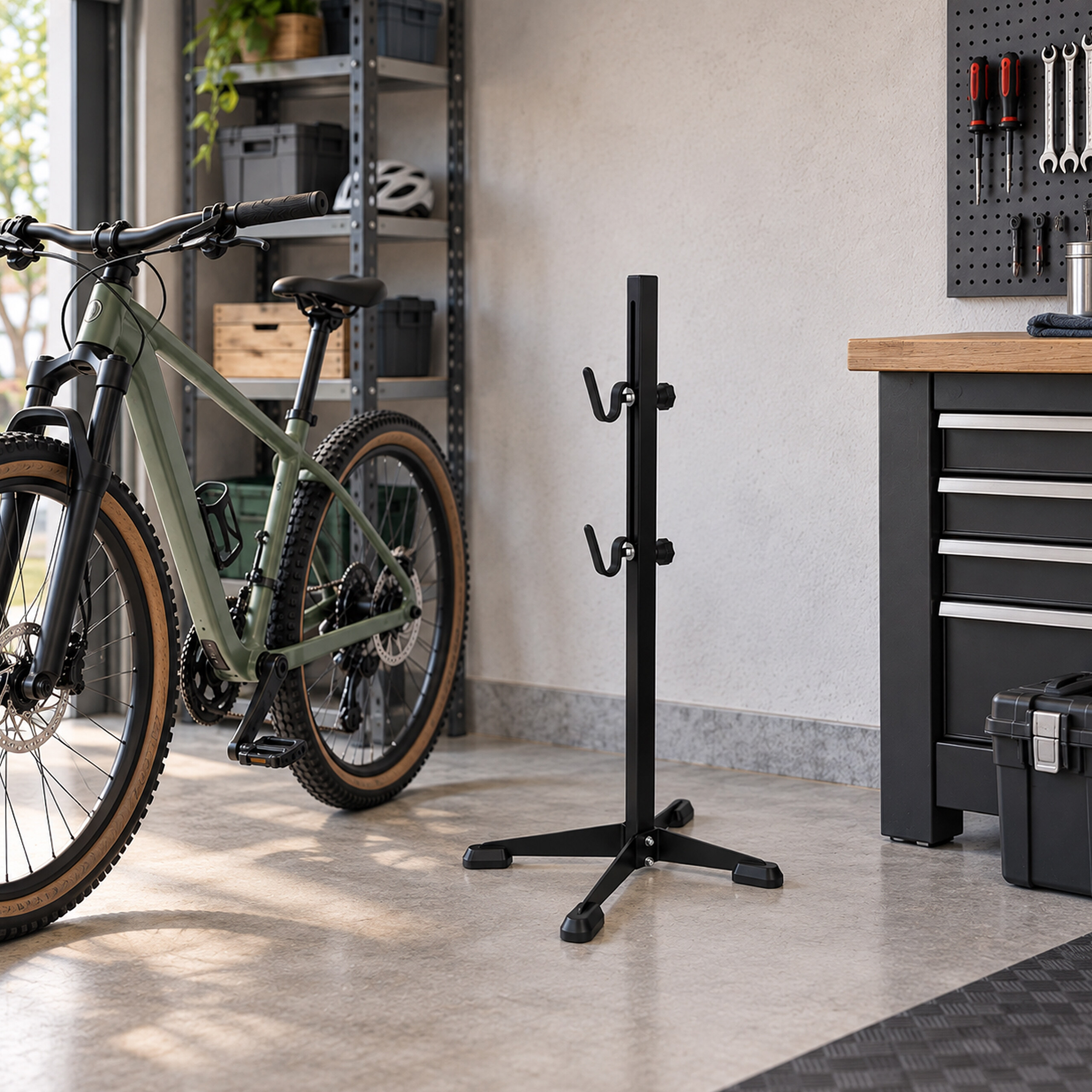 Ein schwarzer Fahrradständer steht in einer Garage neben einem grünen Mountainbike und einer Werkbank.