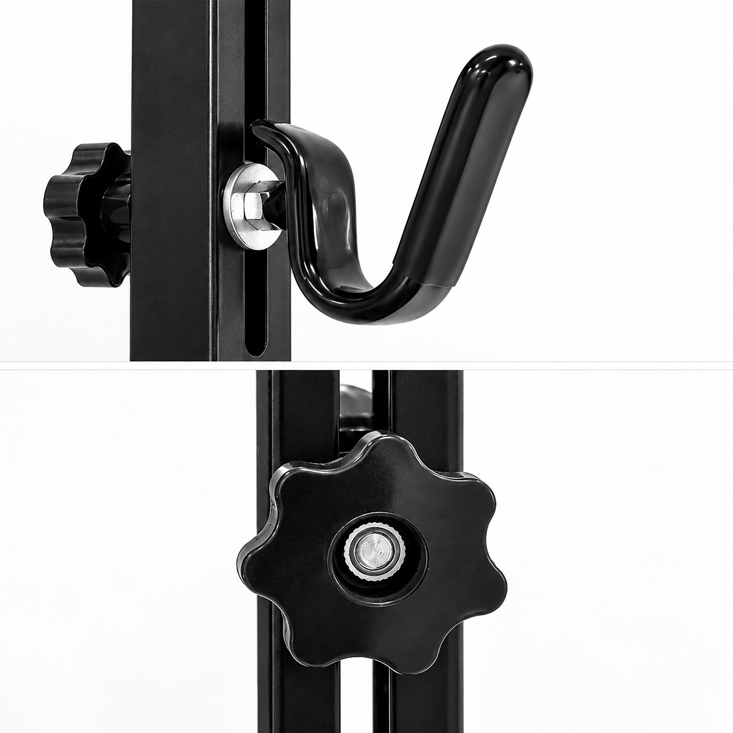 Nahaufnahme einer schwarzen Hantelablage mit verstellbarem Knopf an einem Metallpfosten.