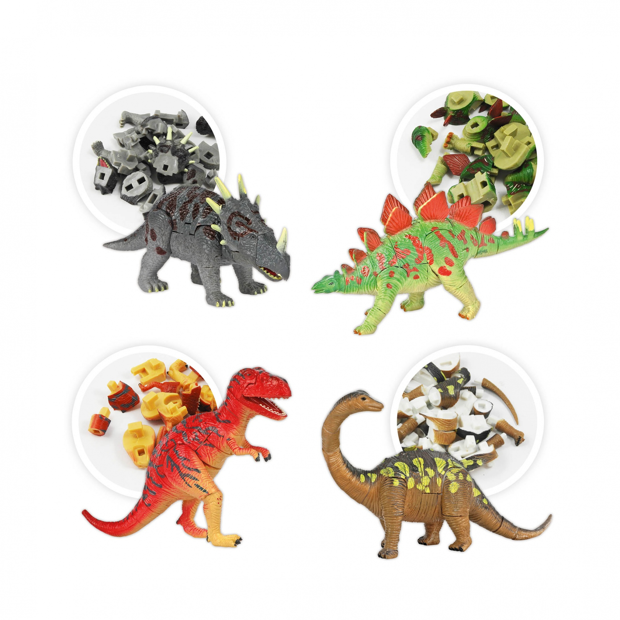 Vier Sets mit auseinandernehmbaren Dinosaurier-Spielzeugen und dazugehörigen Einzelteilen auf weißem Hintergrund.