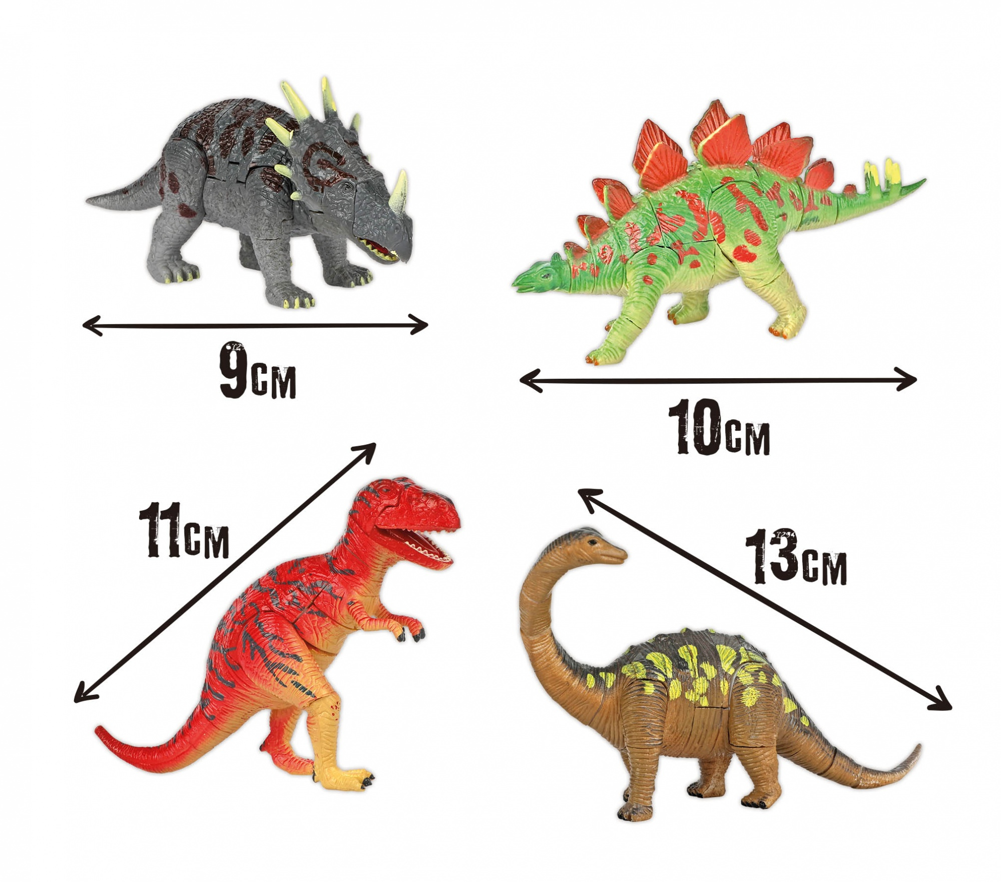 Vier Dinosaurier-Spielzeuge mit Größenangaben in Zentimetern.