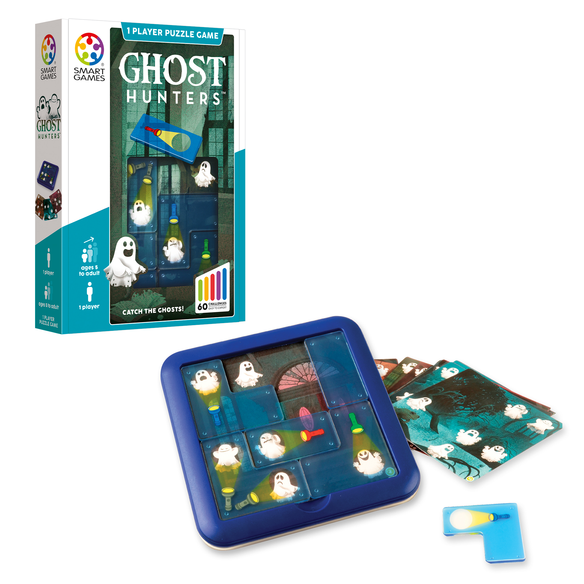 Ghost Hunters Puzzlespiel-Box mit blauem Spielbrett, transparenten Puzzleteilen, Geisterfiguren und Aufgabenkarten.